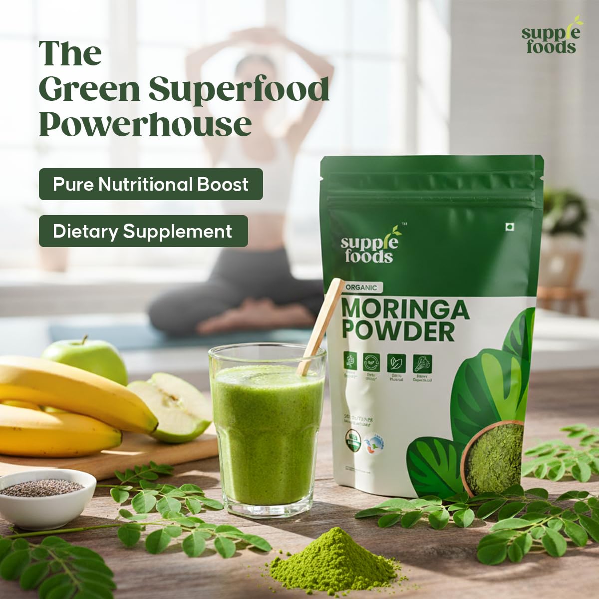 supplefoods Organic Moringa Powder 200 g / 7.05 oz | 100% Natural Green Superfood | Assists Digestion & Daily Detox | Finely Milled Moringa Leaf Powder | USDA Certified Organic Dietary Supplement supplefoods Au supplements