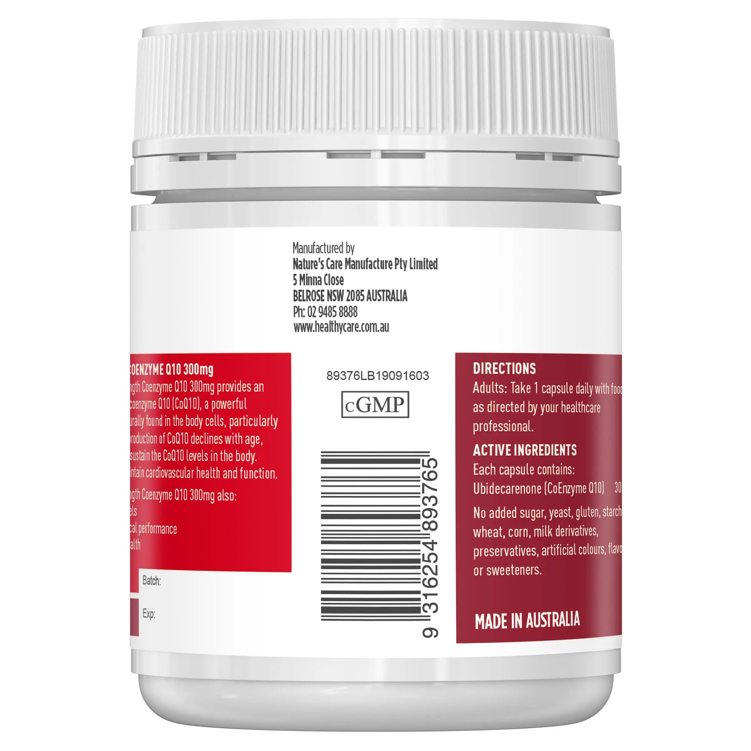 Healthy Care Ultra Strength 300mg Co Enzyme Q10 Capsules, Red, 60 Count | Supports Healthy Care Au supplements