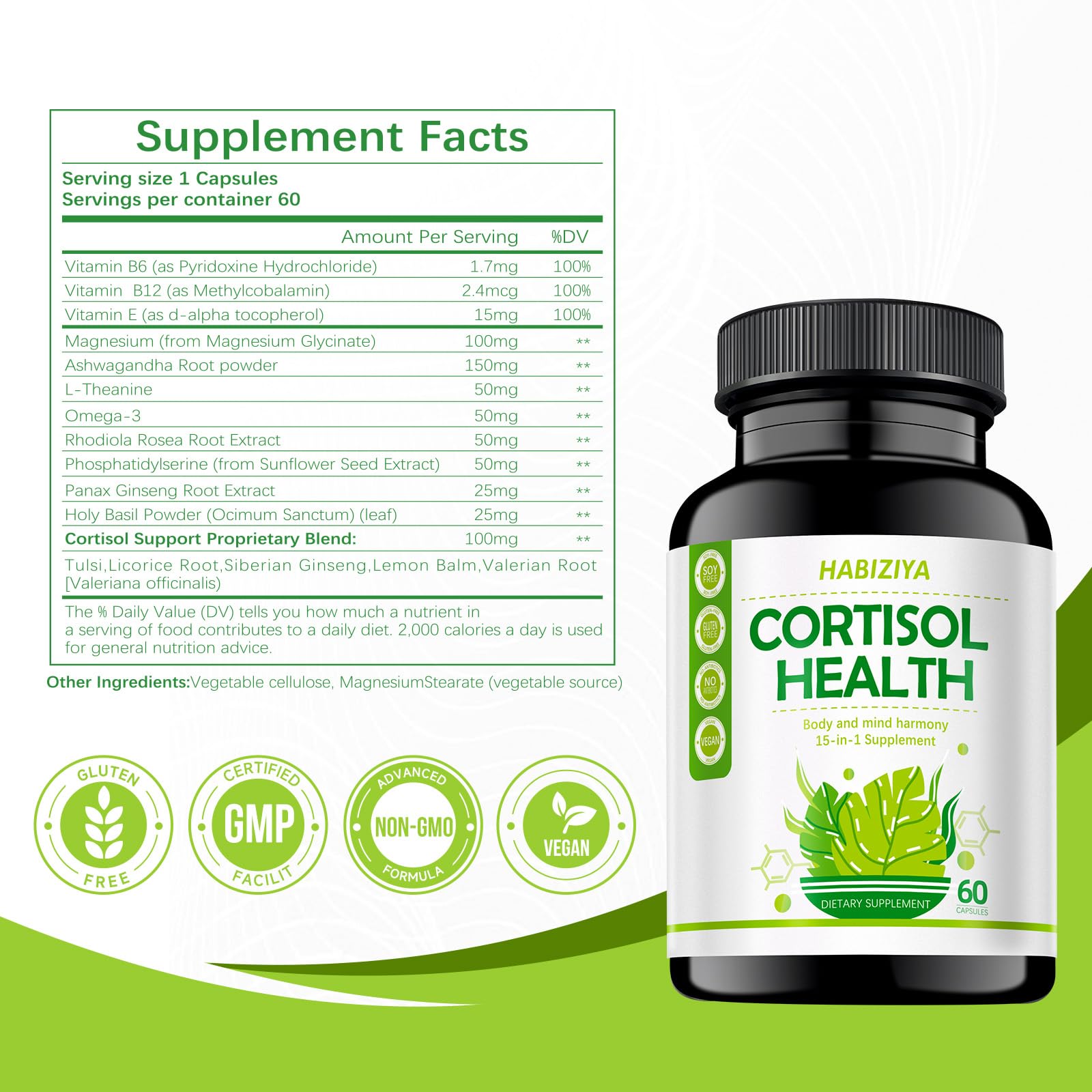 HABIZIYA Cortisol Support Supplement with Magnesium Glycinate, L-Theanine, Ashwagandha, Phosphatidylserine,Rhodiola Rosea 15-in-1 Hormone Balance for Women Men Mood, Focus, Sleep Support 60 Capsules HABIZIYA Au supplements