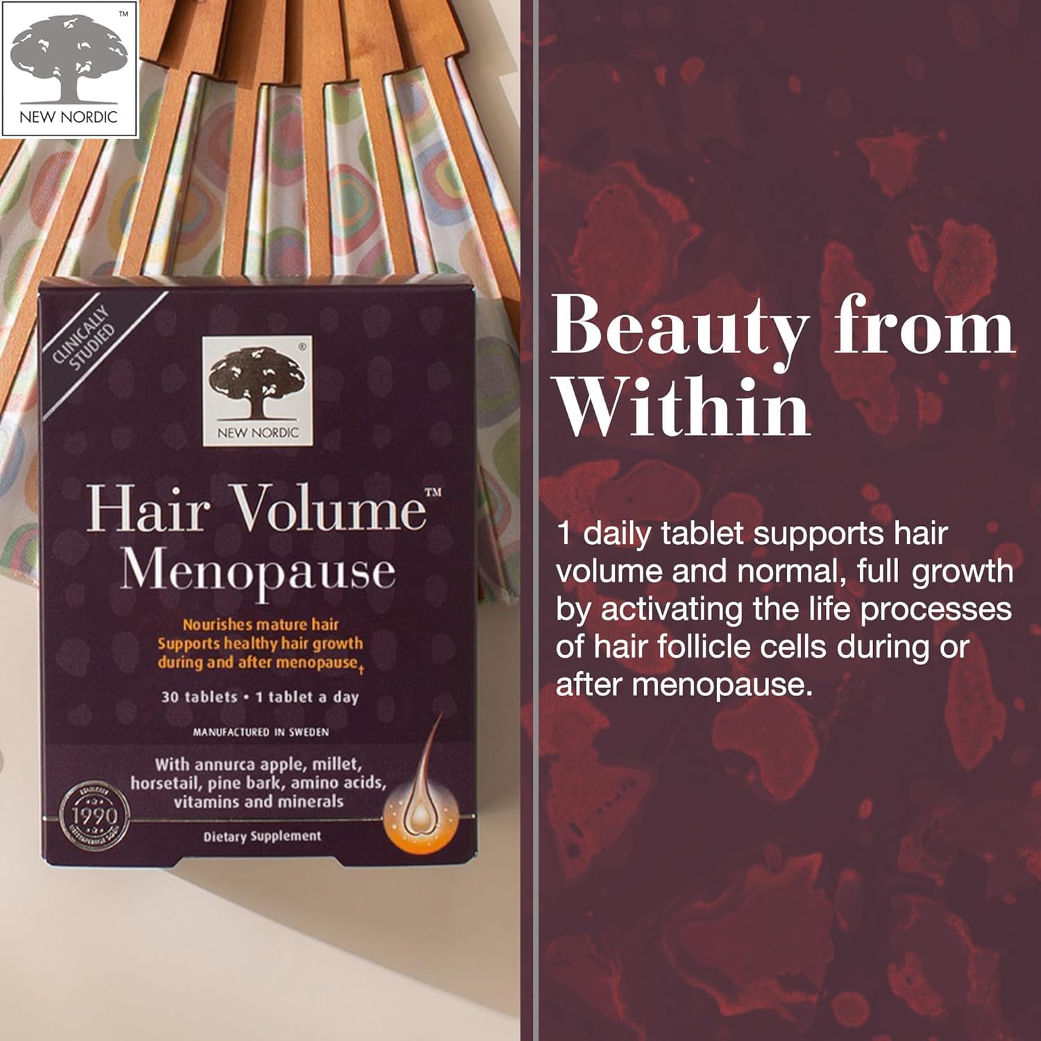 New Nordic Hair Volume Menopause, Supports Healthy Hair Growth During and After Menopause, Pine Bark and Annurca Apple Extract, 30 Tablets NEW NORDIC Au supplements