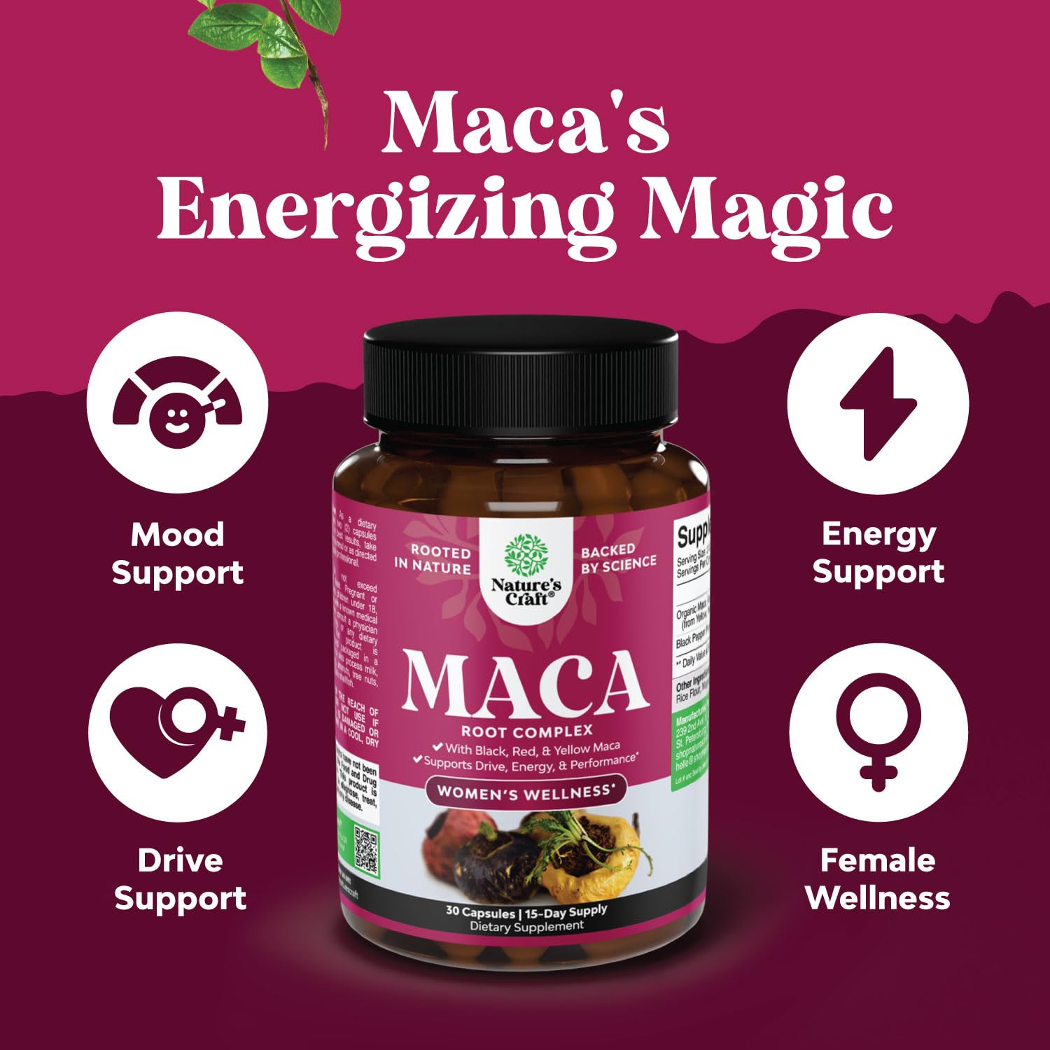 Maca Root Capsules for Women - Potent Herbal Supplement with Female Enhancing Blend of Red Yellow & Black Maca Root - Non-GMO Certified Vegan and Gluten-Free with No Artificial Colors - 30 Count Natures Craft Au supplements