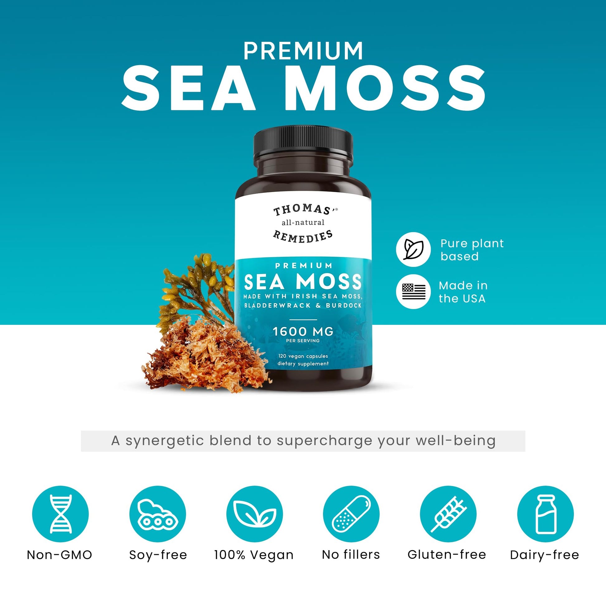 Thomas' all-natural Remedies Irish Sea Moss Capsules, Sea Moss with Bladderwrack & Burdock Root Organic for Gut Health, Digestion, Energy & Immune Support, 120 Seamoss Pills Thomas' all-natural Remedies Au supplements