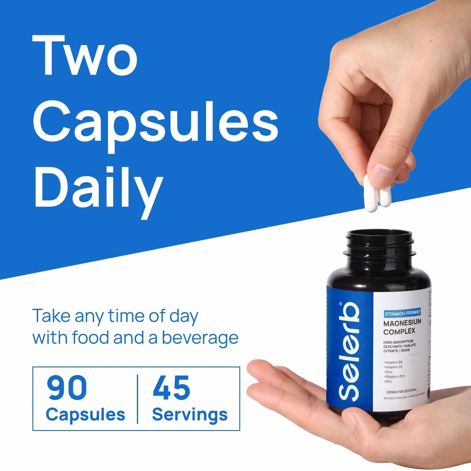 Selerb Magnesium Complex for Women and Men-Glycinate,Malate,Citrate,Oxide Supports Calm, Sleep, Muscle & Energy with D3, B6, Zinc, Slippery Elm & DGL Gentle on Stomach 90 Capsules Selerb Au supplements