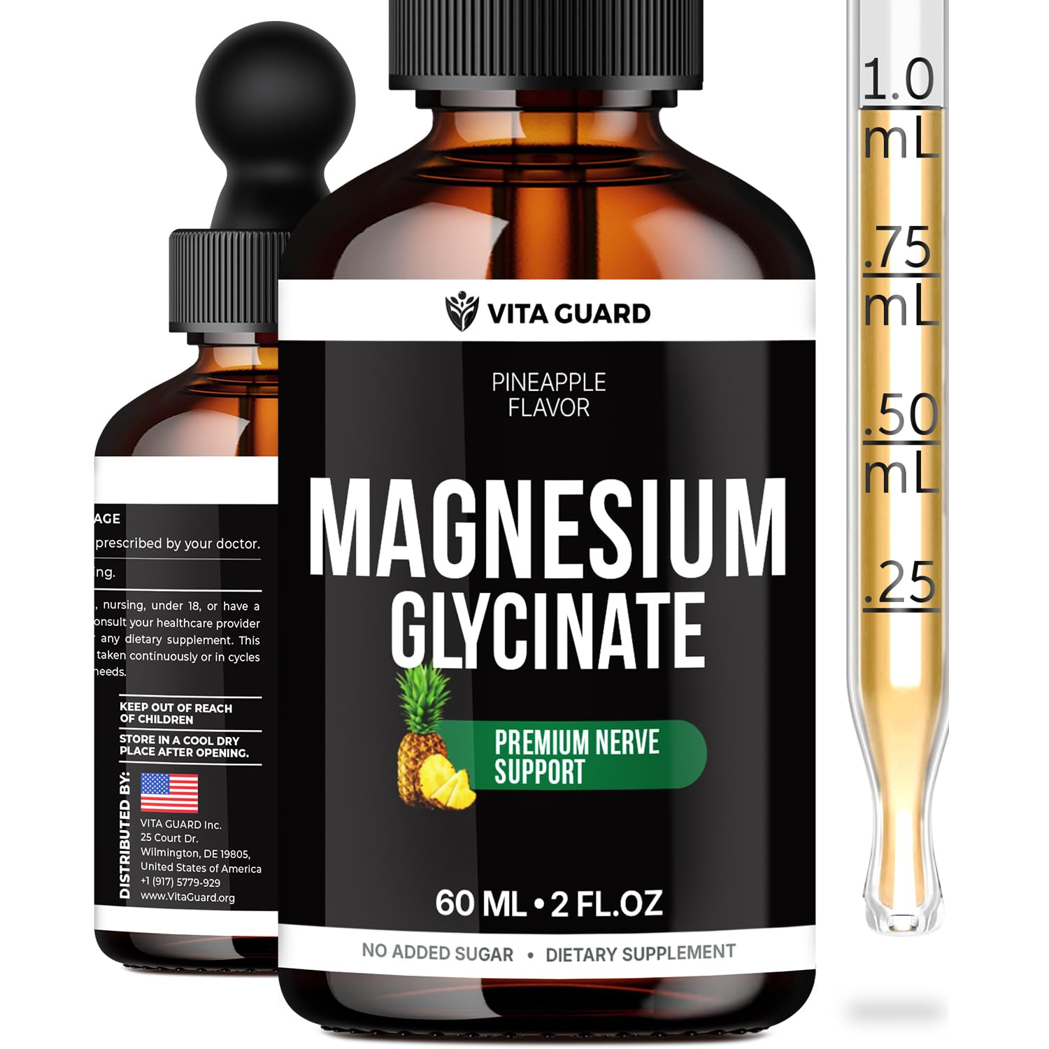 Magnesium Glycinate 500mg Liquid Drops – Sugar-Free Magnesium Supplement, Vegan Formula, 60 mL Flavor Pineapple Vita Guard Au supplements