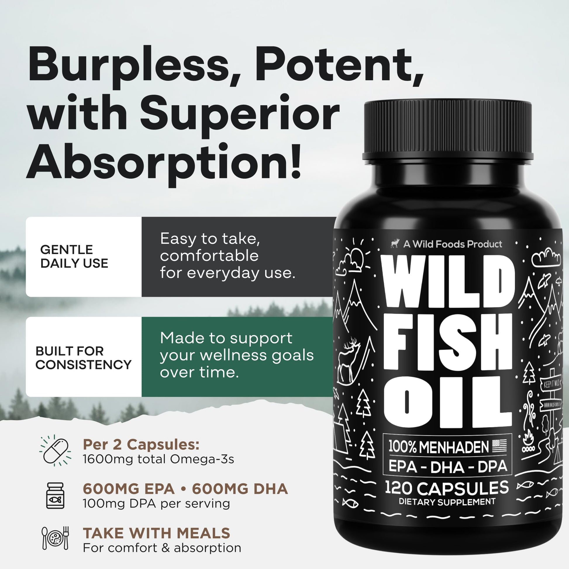 Wild Foods Omega 3 Fish Oil Supplement, 120 Capsules (1 pk) | Wild Caught, Burpless, Odorless, Non-GMO, Gluten Free | DPA, DHA, EPA Triple Strength Heart & Joint Nutrition for Women & Men Wild Foods Au supplements
