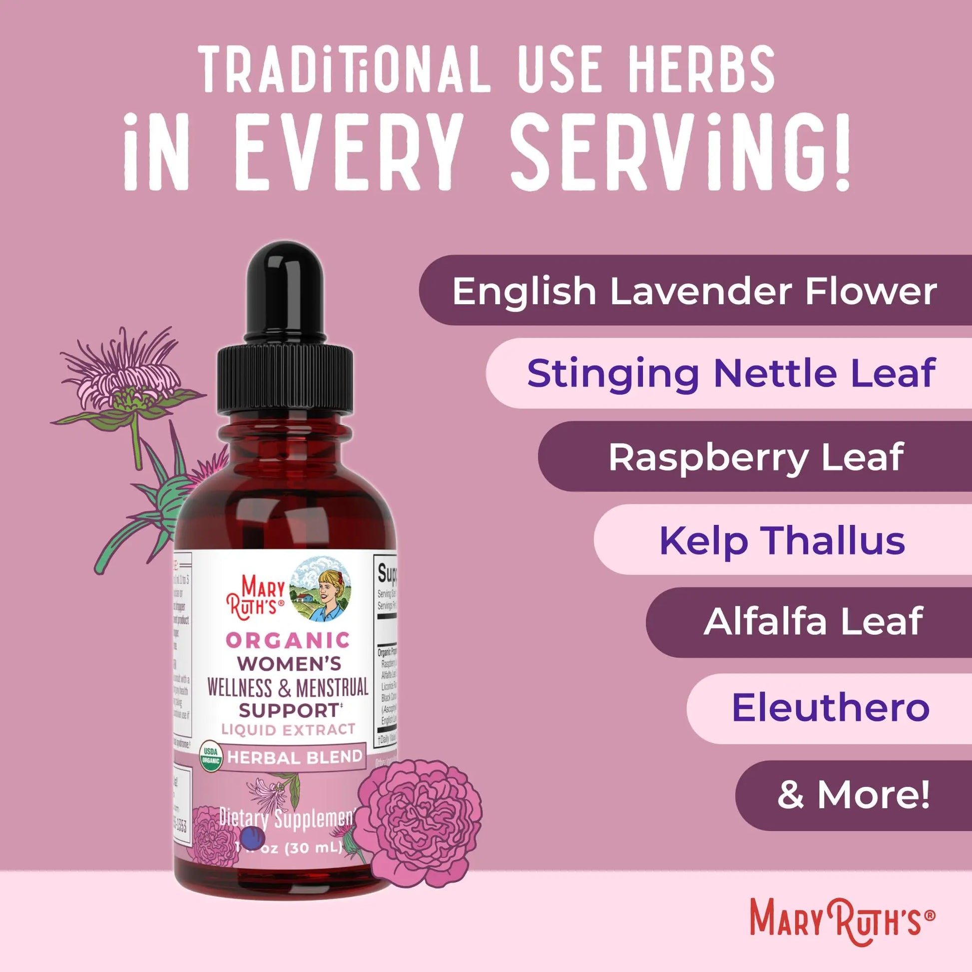 MaryRuth Organics USDA Organic Women's Wellness Liquid Herbal Supplements | Includes Stinging Nettle, Raspberry Leaf, Eleuthero Root, Chaste Tree Berry | Menstrual Support | Non-GMO, Vegan MARYRUTH'S Au supplements