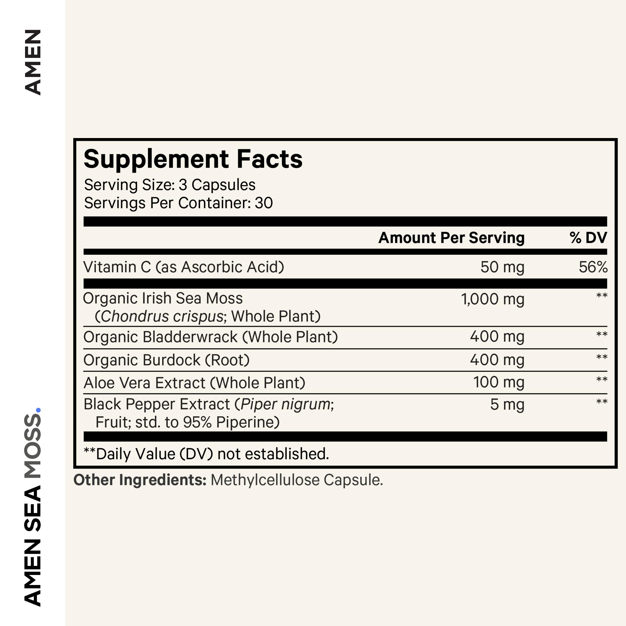 Amen Sea Moss Supplement - 1000mg Organic Irish Sea Moss, Bladderwrack, Burdock - Vitamin C, Aloe Vera, Black Pepper - Seaweed Superfood, Vitamins, Minerals, and Antioxidants - Non-GMO - 90 Capsules Amen Au supplements