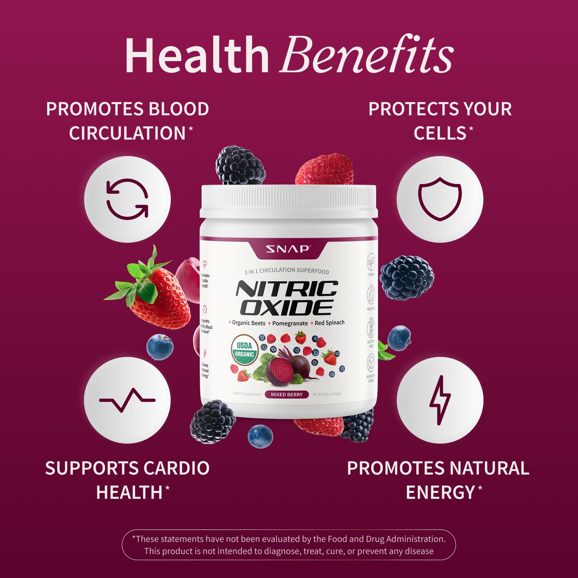 Snap Supplements Organic Beet Root Powder Nitric Oxide Supplement for Men & Women, Red Spinach & Pomegranate, Supports Healthy Energy & Blood Pressure Already in Normal Range, 30 Servings, Mixed Berry Snap Supplements Au supplements