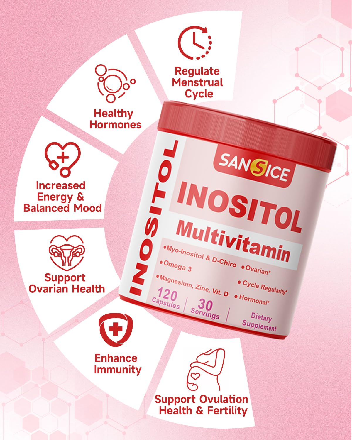 SANSICE Myo & D-Chiro Inositol Multivitamin Capsules, 2000mg Myo-Inositol & 50mg D-Chiro Inositol 40:1 Blend, Vitamin B8 Supplement for Female Hormone (120 Capsules) SANSICE Au supplements