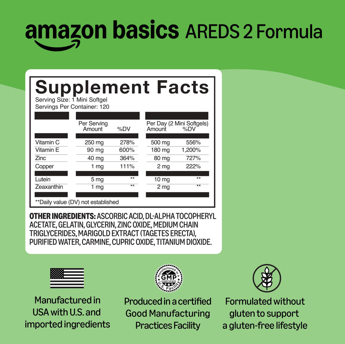 Amazon Basics Eye Vitamin and Mineral Supplement, AREDS 2 Formula with Lutein & Zeaxanthin, 120 Softgels Amazon Basics Au supplements