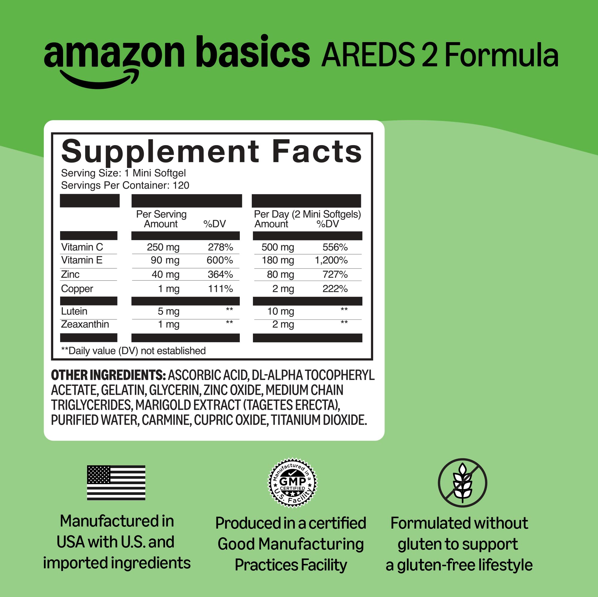 Amazon Basics Eye Vitamin and Mineral Supplement, AREDS 2 Formula with Lutein & Zeaxanthin, 120 Softgels Amazon Basics Au supplements