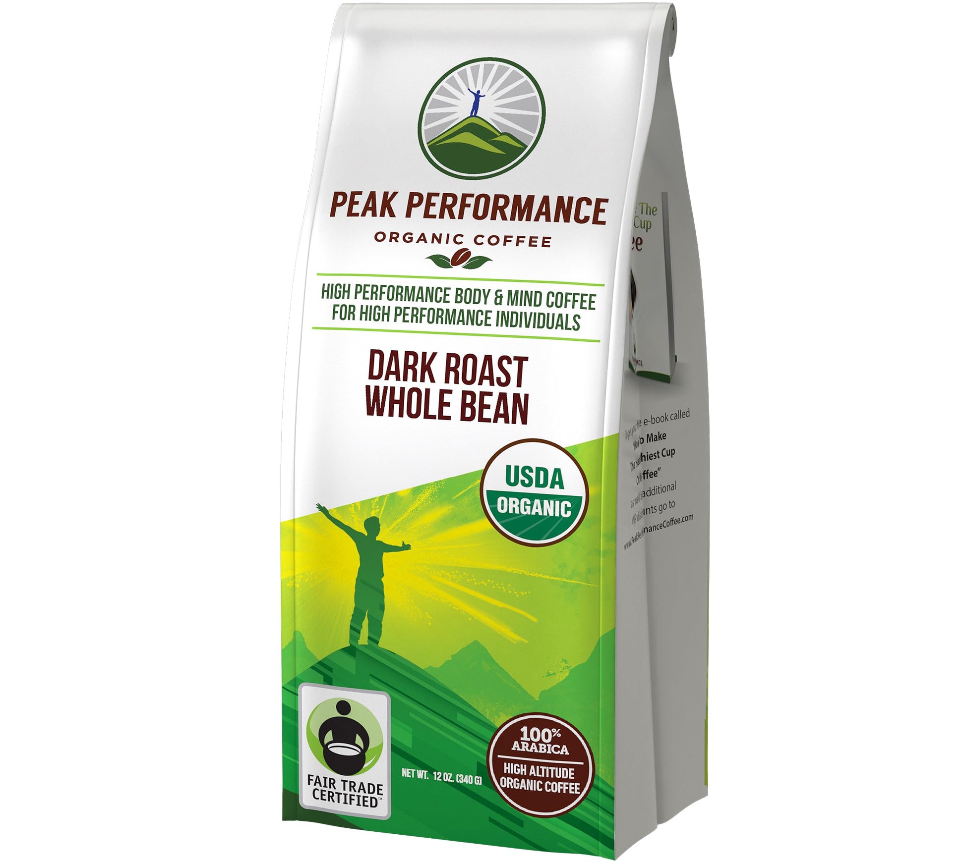 Peak Performance High Altitude Organic Coffee - Fair Trade, Low Acid, Non GMO, and Beans Full of Antioxidants - Dark Roast Smooth Tasting USDA Certified Organic Whole Bean Coffee Bag 12 oz Peak Performance Au supplements