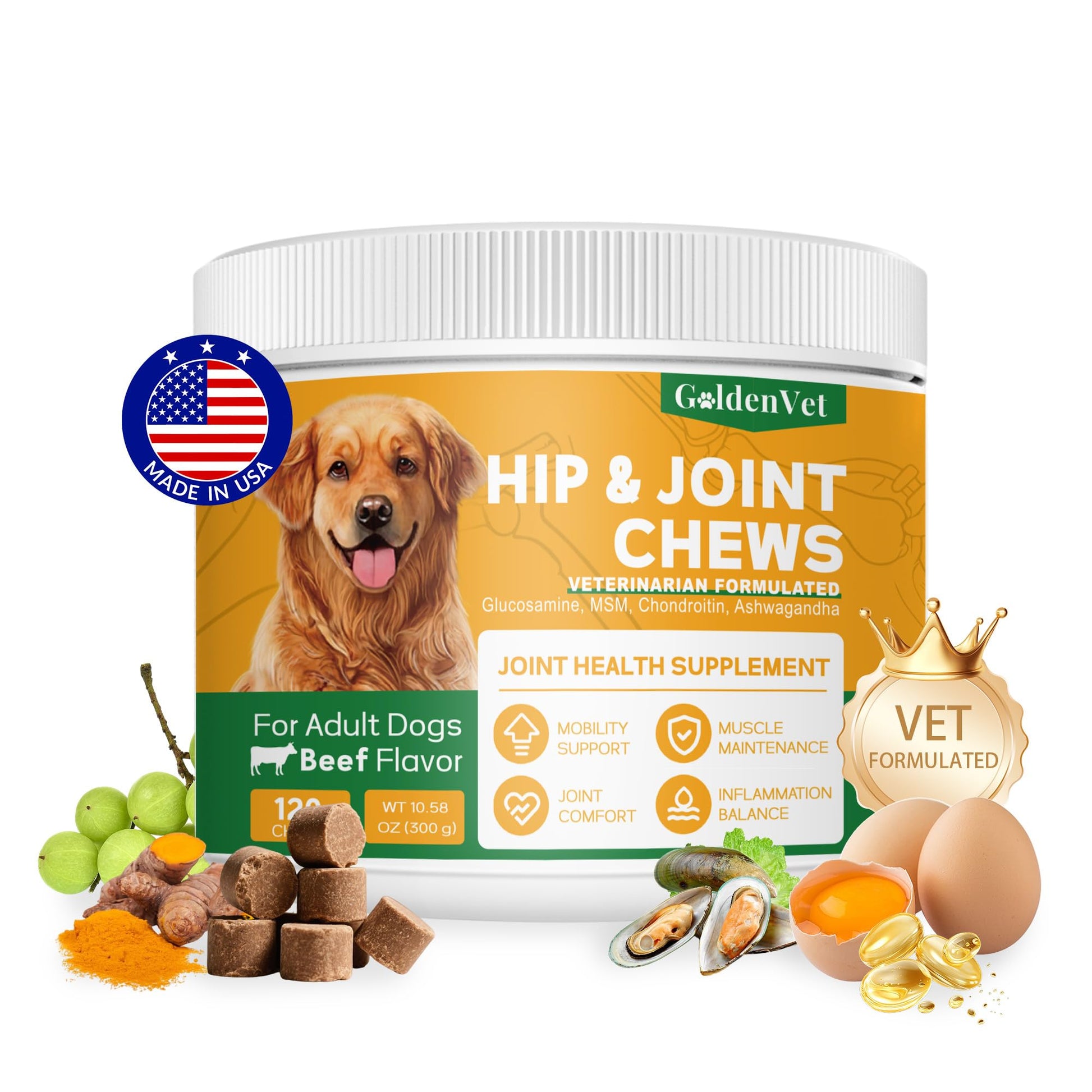 Hip and Joint Chews for Senior Dogs with Glucosamine HCL, Chondroitin, Green-lipped Mussel, Ashwagandha for Anti Inflammatory, Mobility Support, Muscle Maintenance, Joint Comfort 120 Ct GOLDENVET Au supplements