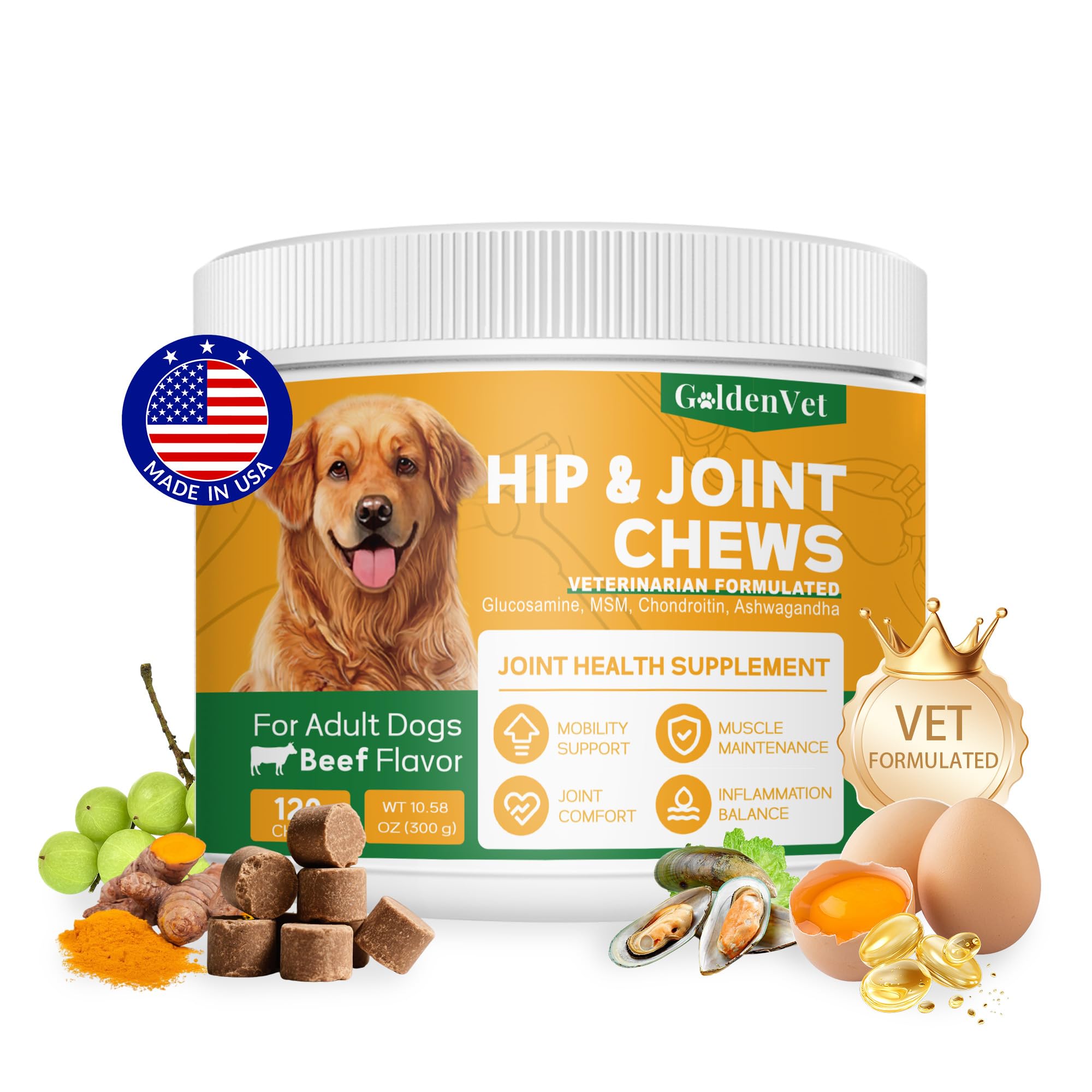 Hip and Joint Chews for Senior Dogs with Glucosamine HCL, Chondroitin, Green-lipped Mussel, Ashwagandha for Anti Inflammatory, Mobility Support, Muscle Maintenance, Joint Comfort 120 Ct GOLDENVET Au supplements