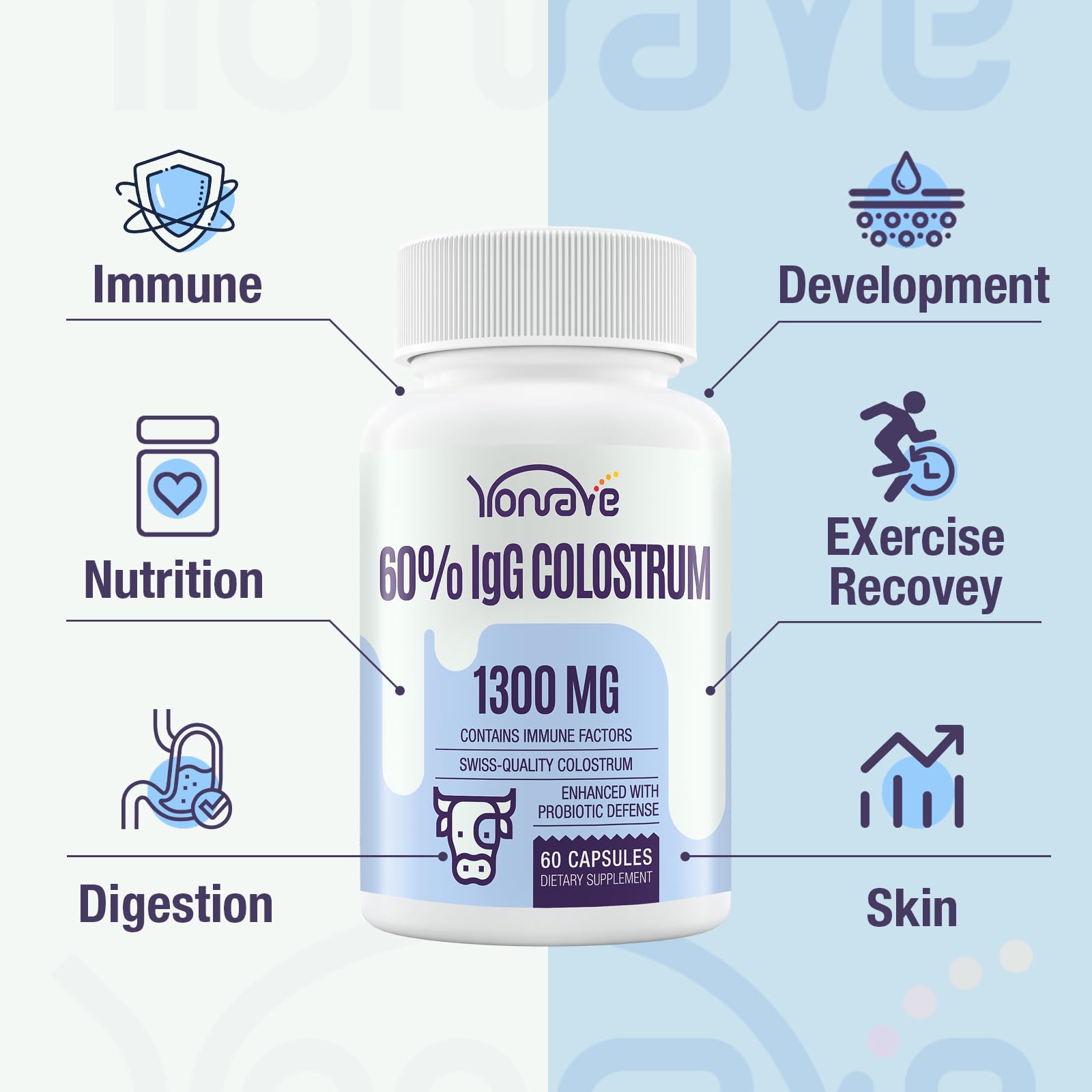 Yonrave Bovine Colostrum Capsules Supplement 1300mg - Extra High 60% IgG Bovine Colostrum - Gut, Bone, Exercise, Immune - 60 Capsules Yonrave Au supplements