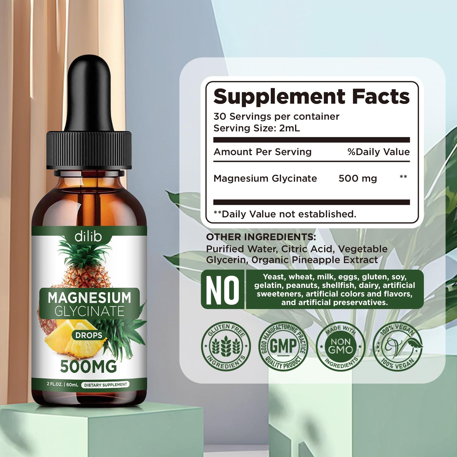 Magnesium Glycinate Supplement, Liquid Magnesium Glycinate Liquid Drops 500mg-Support Stress Relief, Relaxation, Mood, Sleep, Bone & Muscle-2 Fl Oz, Vegan, Pineapple Flavor dilib Au supplements
