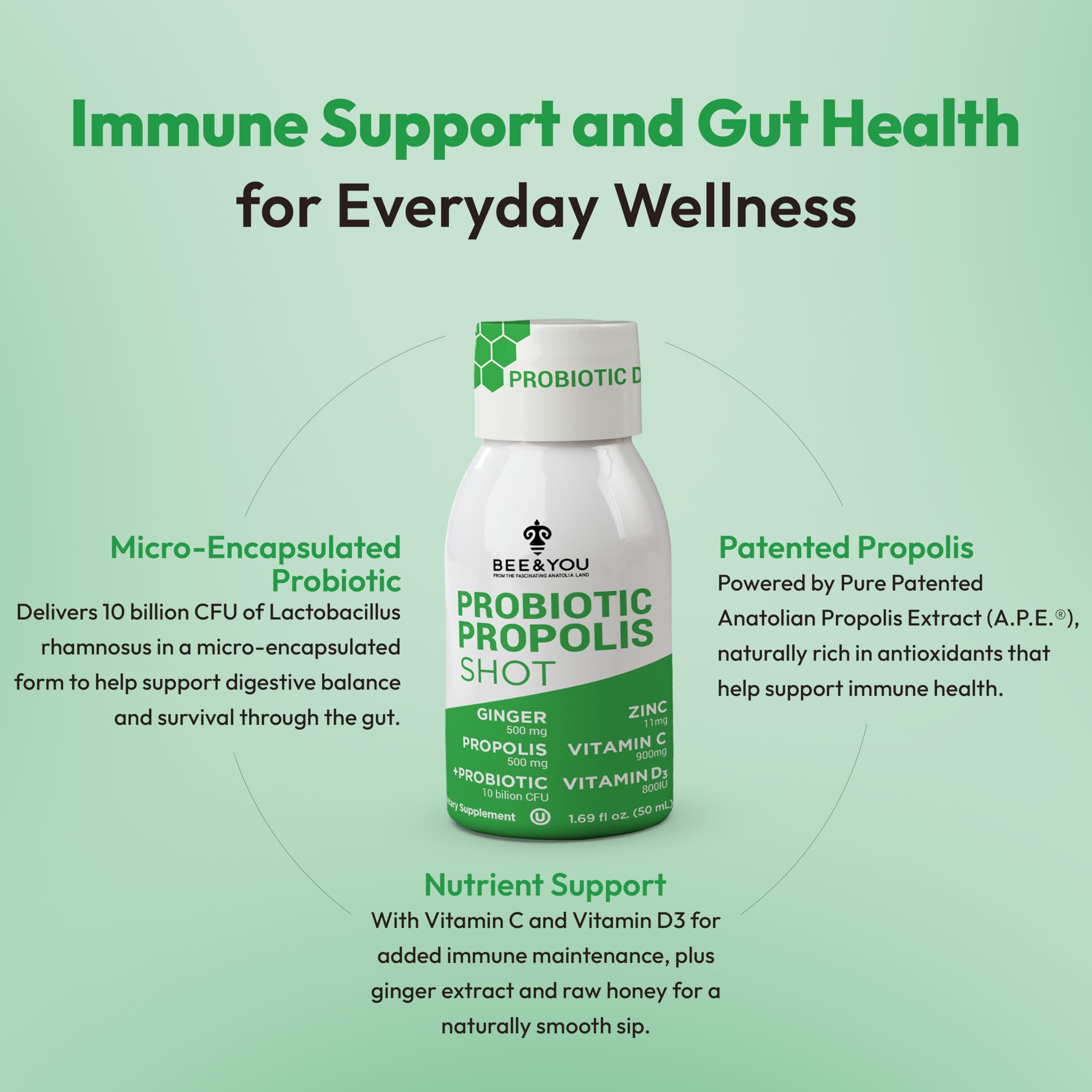 Bee and You Propolis Immune Shot, Probiotic, Vitamin C, Vitamin D3, Zinc, Ginger, Immune Support, Gut Health, Digestive Health, Bioactive 1.69 Fl. oz, 12 Pack BEE & YOU Au supplements
