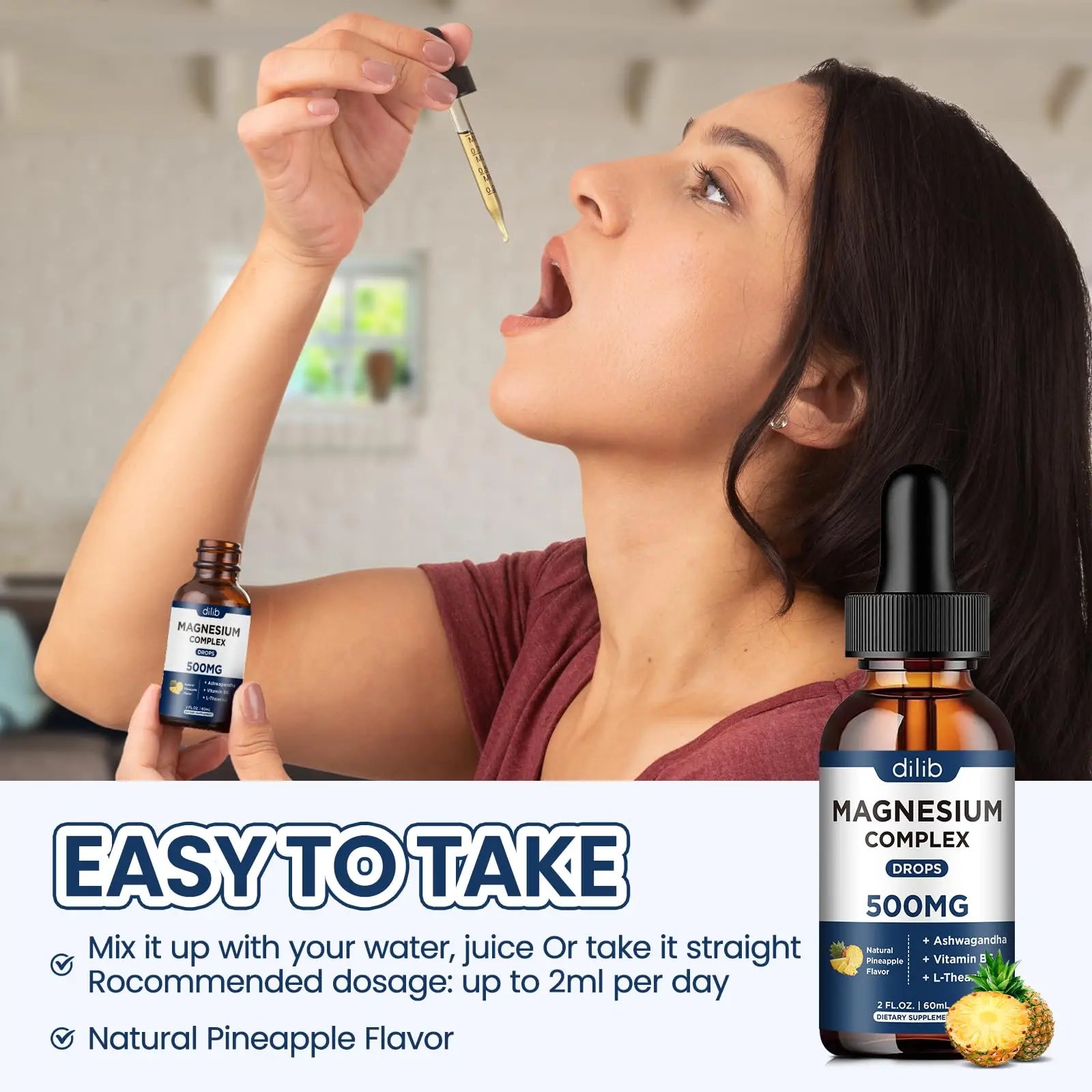 Triple Magnesium Complex Supplement-Magnesium Glycinate, Citrate, Malate Liquid Drops 500mg with Ashwagandha, L-Theanine, Vitamin B6 for Calm, Stress Relief, Sleep, Muscle Support-Pineapple Flavor dilib Au supplements