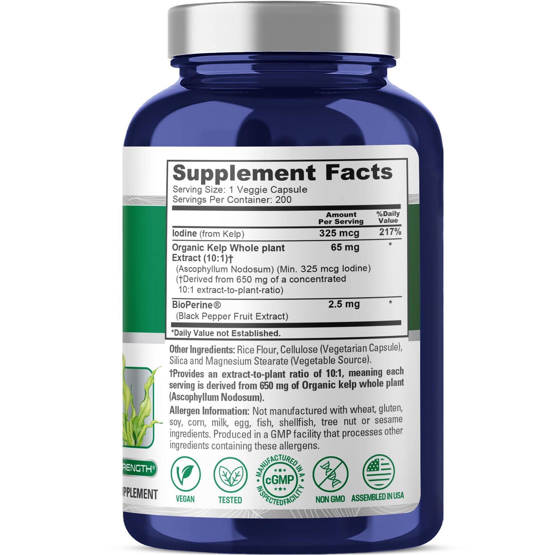 NusaPure Sea Kelp Natural Iodine 325mcg 10:1 Extract, 65 mg Equivalent to 650 mg Capsule 200 Count (Non-GMO, Vegan) NusaPure Au supplements