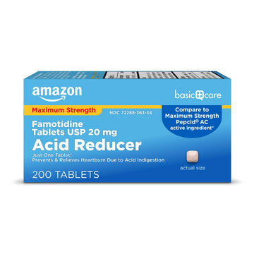 Amazon Basic Care Maximum Strength Famotidine Tablets 20 mg, Acid Reducer for Heartburn Relief, Prevents & Relieves Acid Indigestion, Heartburn Medicine, 12 Hour Protection, 200 Count Amazon Basic Care Au supplements
