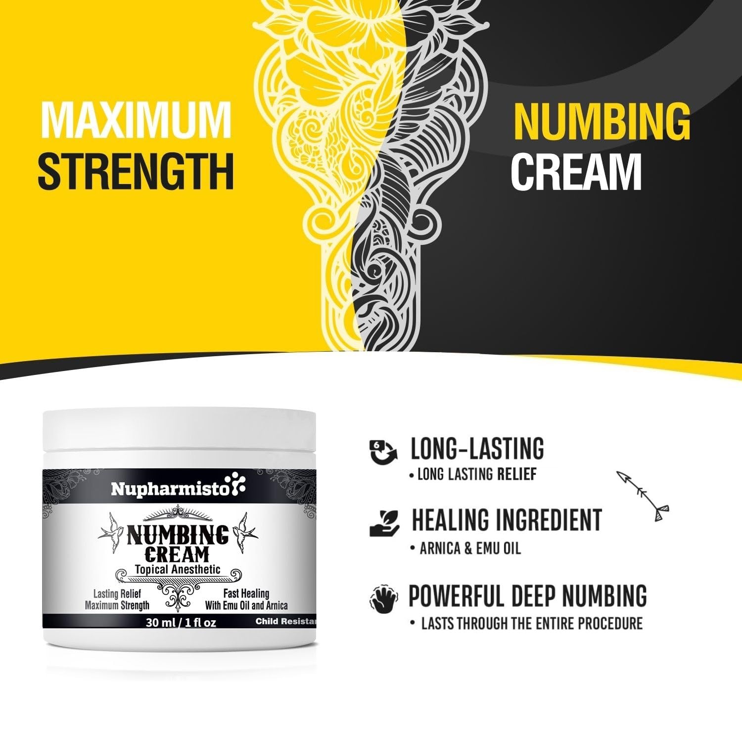 Nupharmisto Numbing Cream Maximum Strength : Long Lasting Numbing Cream with 5X Numbing - Emu Oil and Arnica 30 ml / 1 fl oz Nupharmisto Au supplements