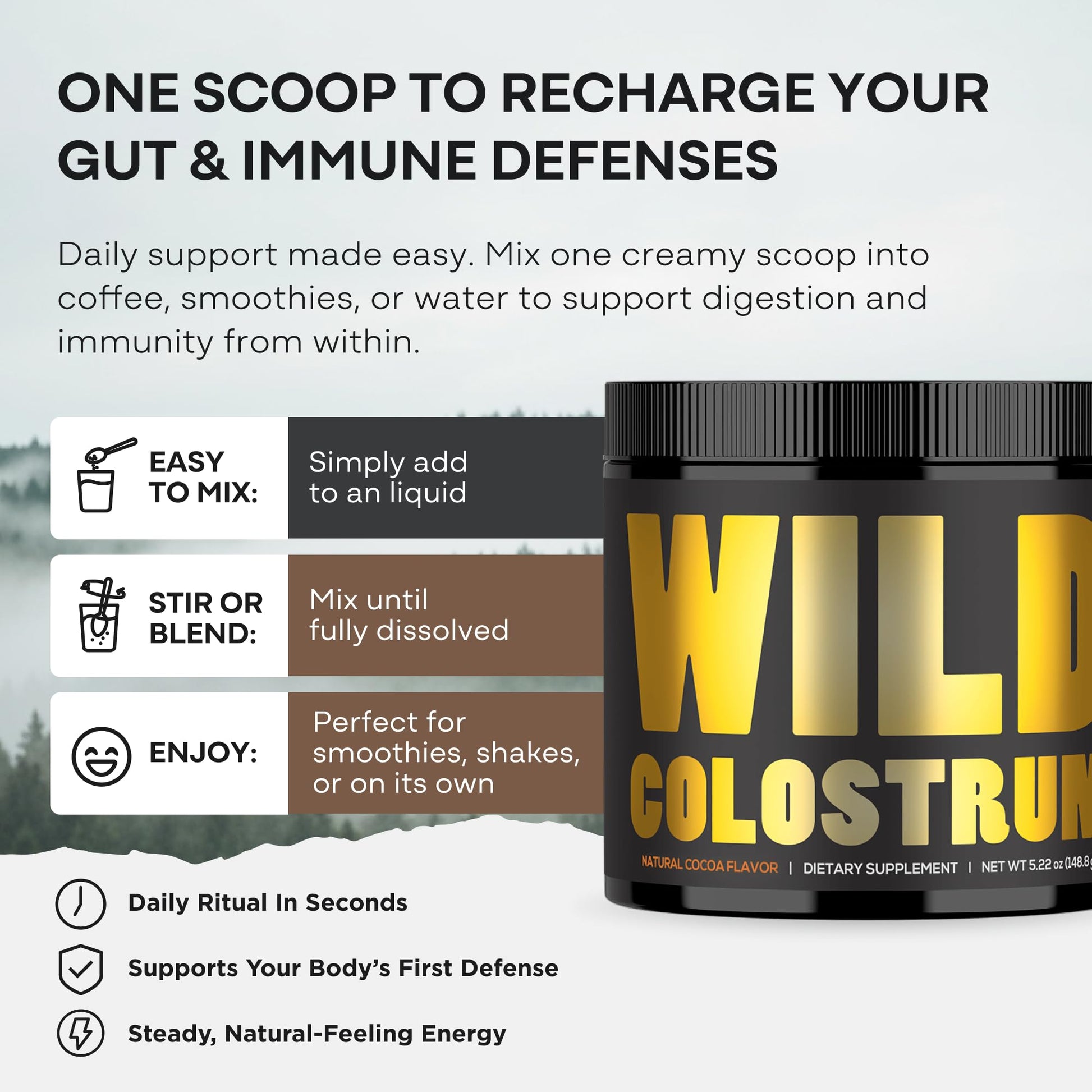 Colostrum Supplement - Grass Fed Pure Bovine Colostrum Powder - 2000mg & 400mg IgG (calostro bovino) - Gut, Immunity, Skin, Hair Support - Sugar Free, Natural Cacao Flavour, 30 Servings Wild Foods Au supplements