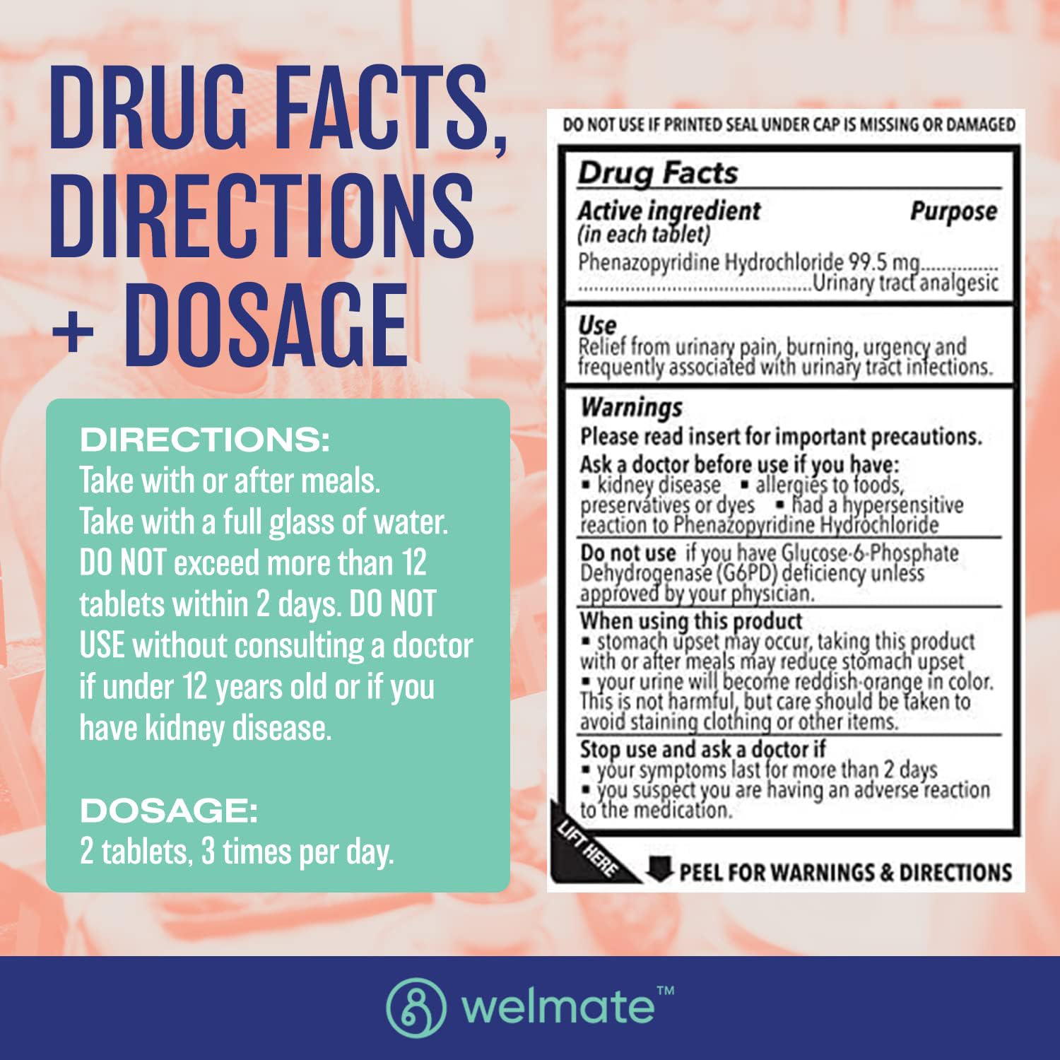 WELMATE Urinary Pain UTI Relief Maximum Strength (Phenazopyridine HCL) - Improve Urinary Tract Health & Bladder Control, Urgency, & Discomfort | Over-The-Counter Medication for Men & Women (120 Pills) WELMATE Au supplements