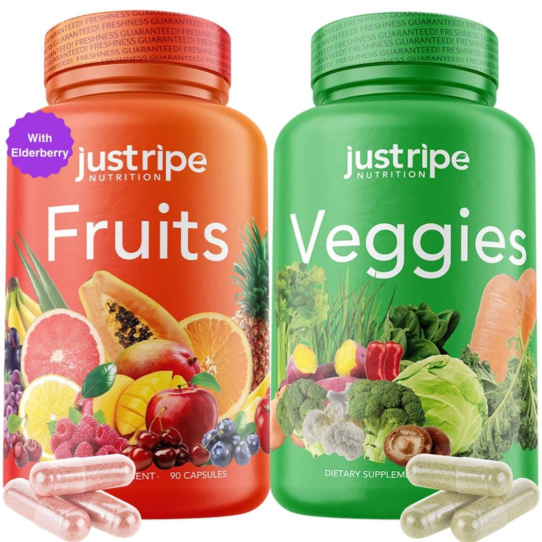Fruits and Veggies Supplement - 90 Fruit and 90 Vegetable Capsules - 100% Whole Natural Superfood - Filled with Super Greens Vitamins and Minerals - Supports Balance Energy Levels (1 Pack) Just Ripe Nutrition Au supplements