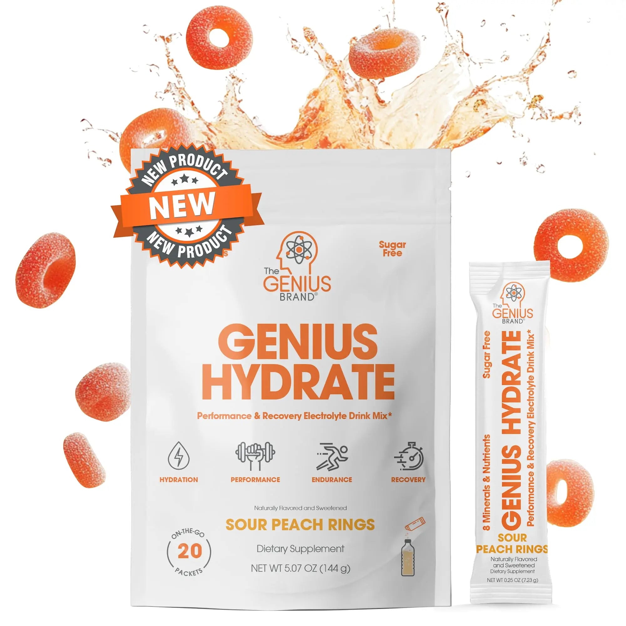 The Genius Brand Genius Hydrate - Electrolyte Supplement for Daily Hydration - Coconut Water - Sugar-Free - 8 Essential Minerals & Nutrients - Non-GMO - Sour Peach Rings - 20 Servings The Genius Brand Au supplements