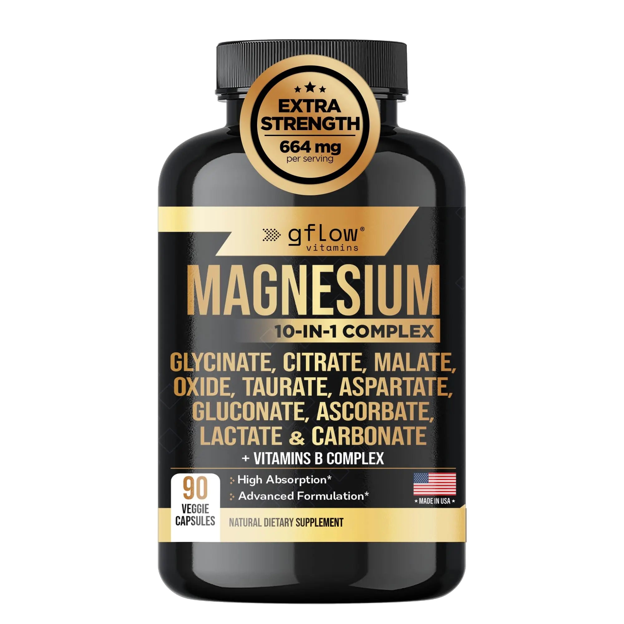 gflow vitamins Magnesium Complex Supplement - 10 Active Forms, Glycinate, Citrate, Malate, Oxide, Taurate, Aspartate, Gluconate, Ascorbate, Lactate, Carbonate, Plus More with Vitamin C B1 B2 B6 B12 gflow vitamins Au supplements
