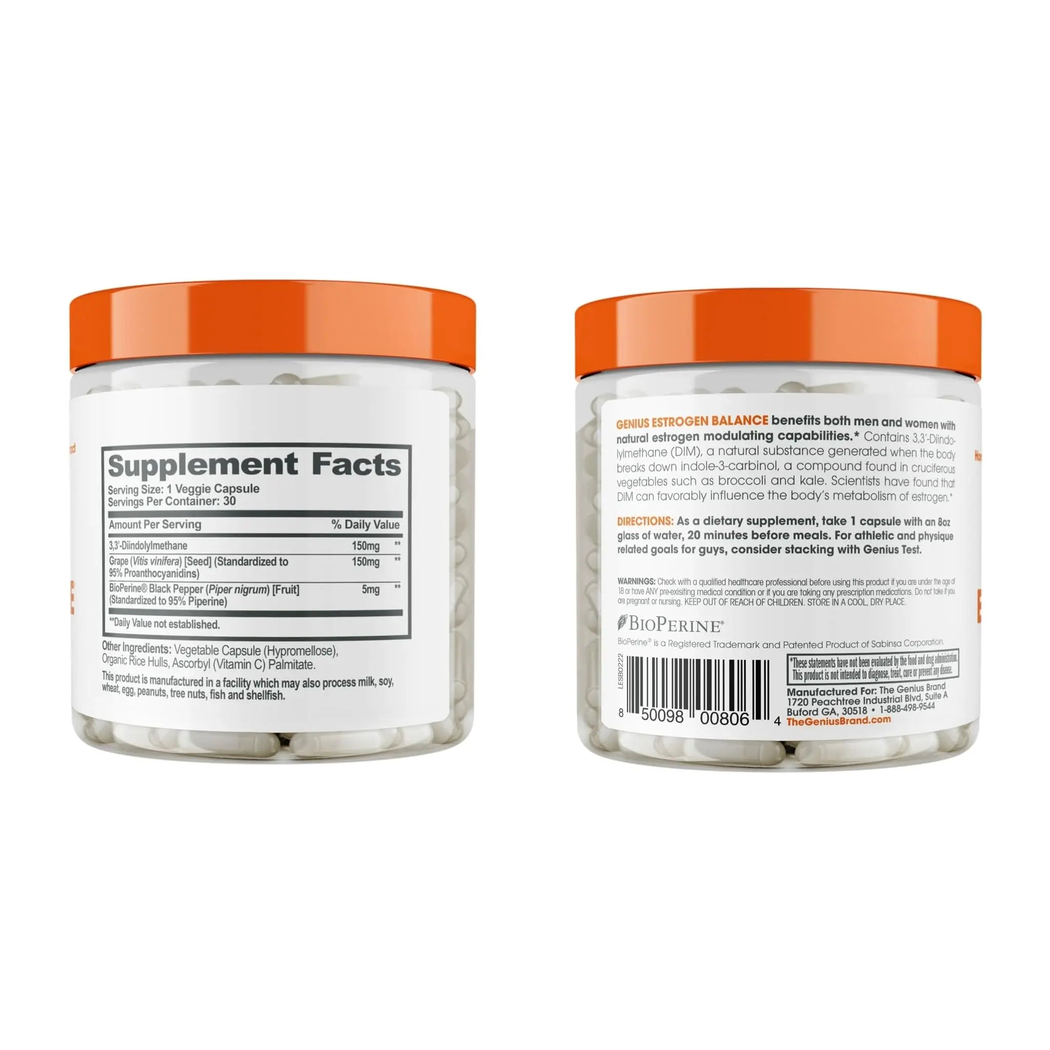 Genius Estrogen Balance, Dim Supplement - Blocker for Men & Women - Hormones, Hormonal Acne & Menopause - Aromatase Inhibitor with Grape Seed Extract & BioPerine - 30 Capsules The Genius Brand Au supplements