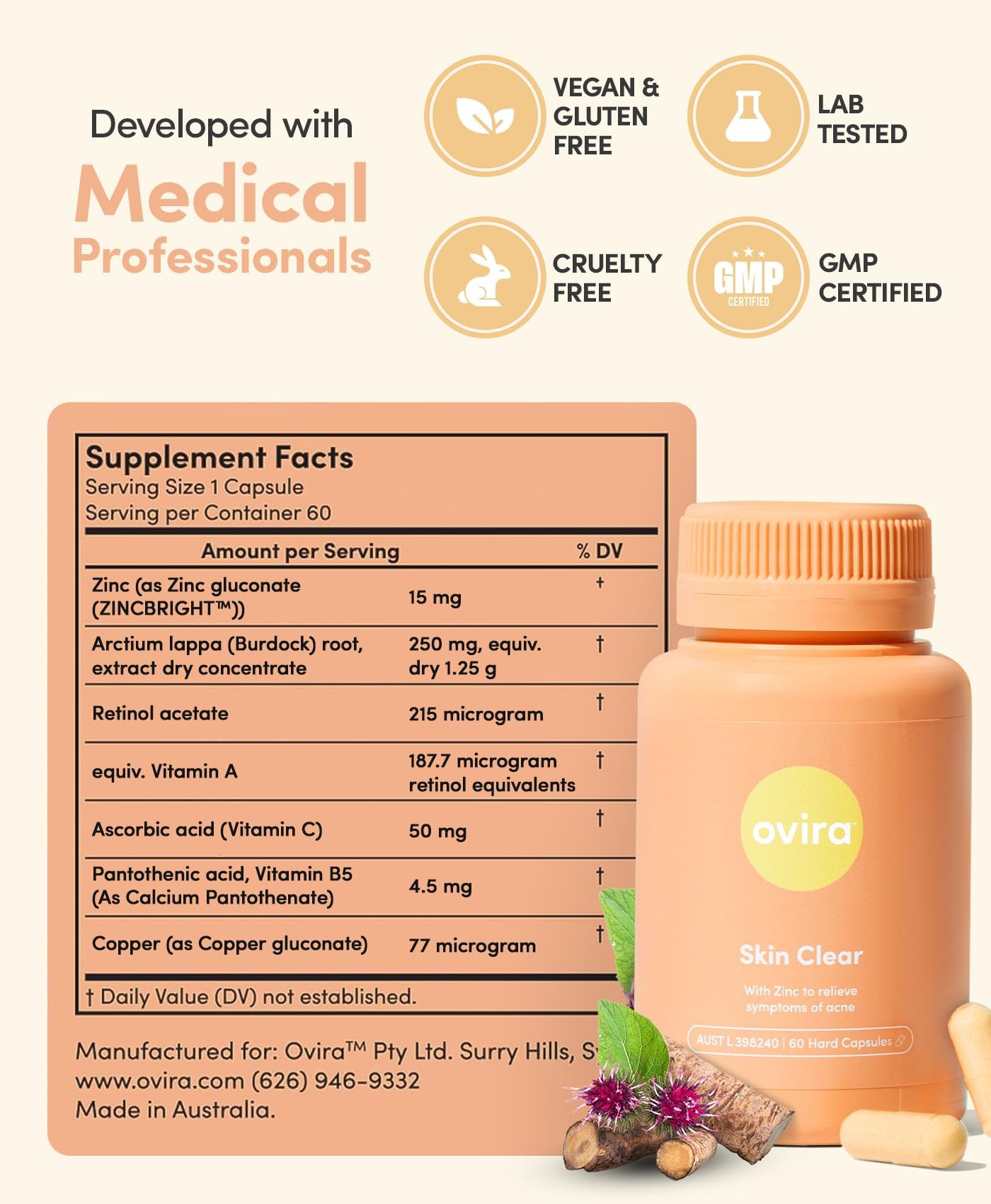 Ovira Skin Clear with ZINCBRIGHT - 60 Capsules for Clear and Glowing Skin | Rosacea & Hormonal Acne Treatment | Support Collagen Production | Acne Supplements for Women & Men - Pack of 2 Ovira Au supplements