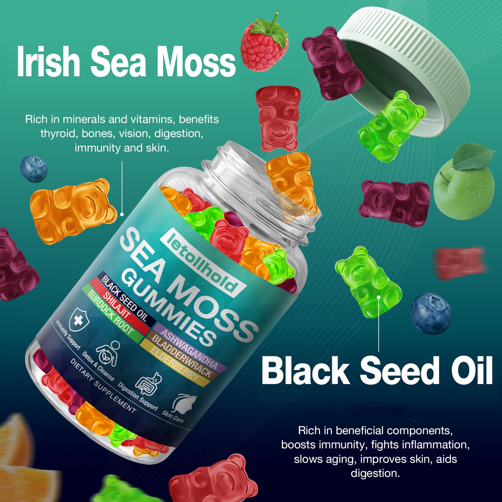 Sea Moss Gummies - Irish Sea Moss Gummies Advanced for Adults with Ashwagandha Bladderwrack & Burdock Root for Supports Immune，Energy - 60 Vegan Gummy,5PCS letollhold Au supplements