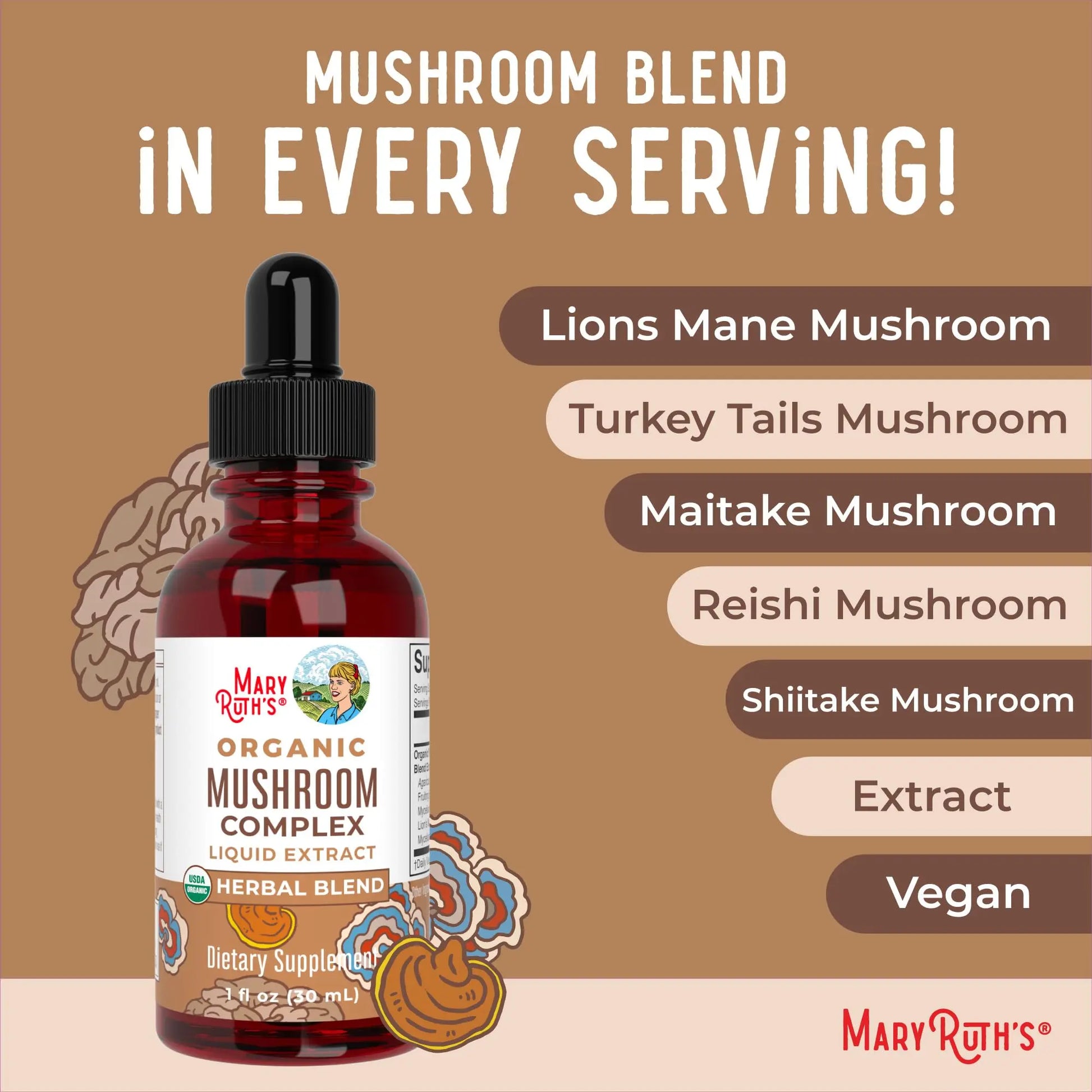 MaryRuth's Mushroom Complex | Lion's Mane | Turkey Tail | Reishi Mushroom | Shiitake Mushrooms | Alcohol Free | Mushroom Blend | Organic | Non-GMO | Vegan | 30 Servings MARYRUTH'S Au supplements