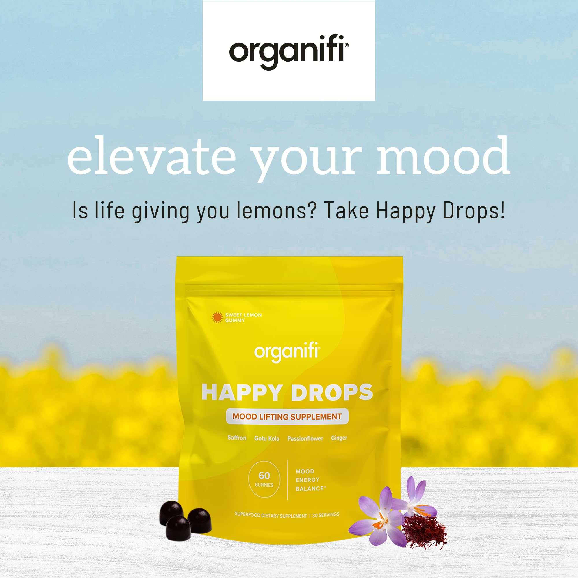 Organifi Happy Drops - Daily Superfood Happy Gummies for Adults - Mood Support Supplement for Balance, Bliss, Energy and Taking the Edge Off - Sweet Lemon Flavor - 60 Gummies Organifi Au supplements