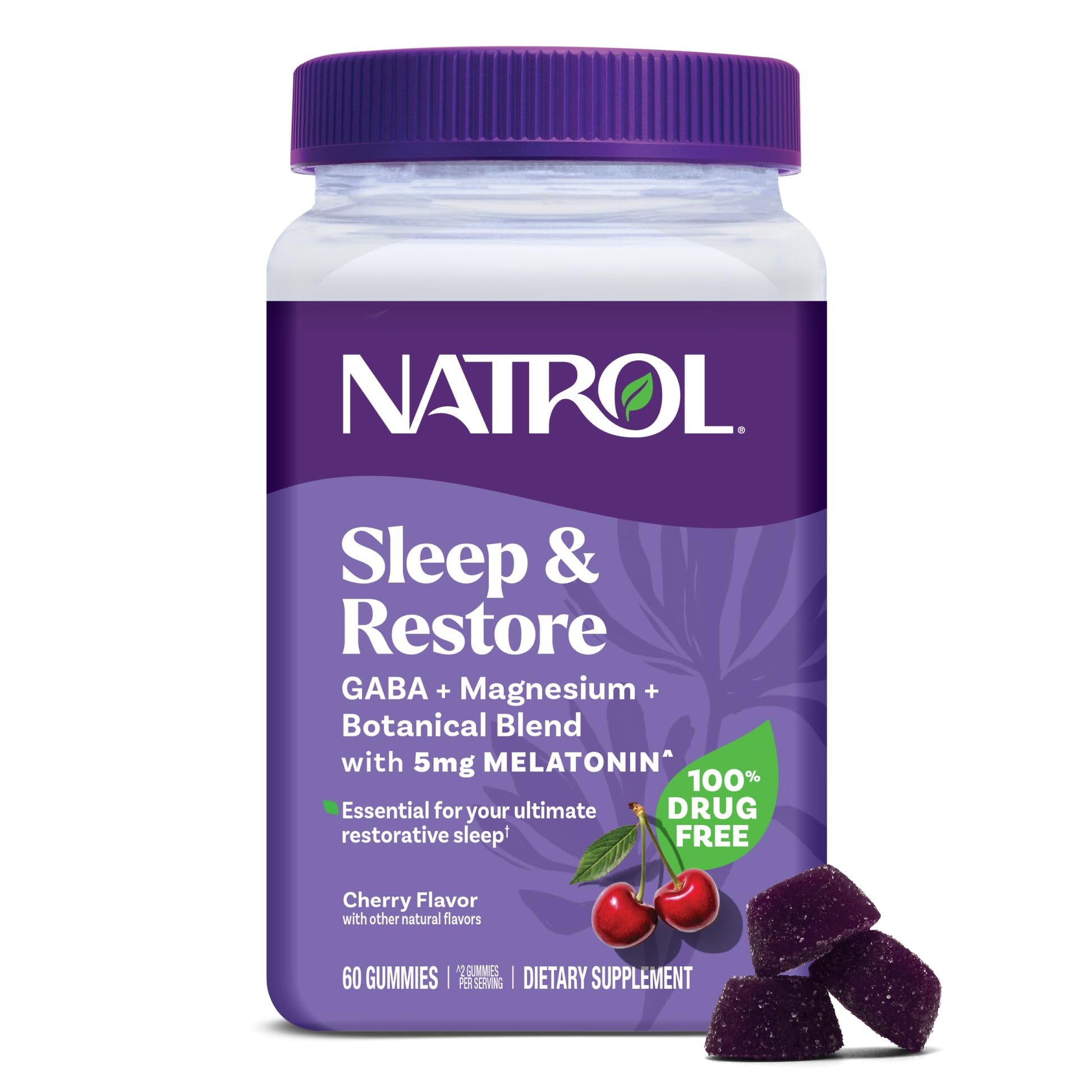 Natrol Sleep + Restore Magnesium Glycinate Blend Gummies with Melatonin 5mg - Calm Magnesium with GABA, Botanical Blend, Cherry Flavor, 60 Gummies Natrol Au supplements