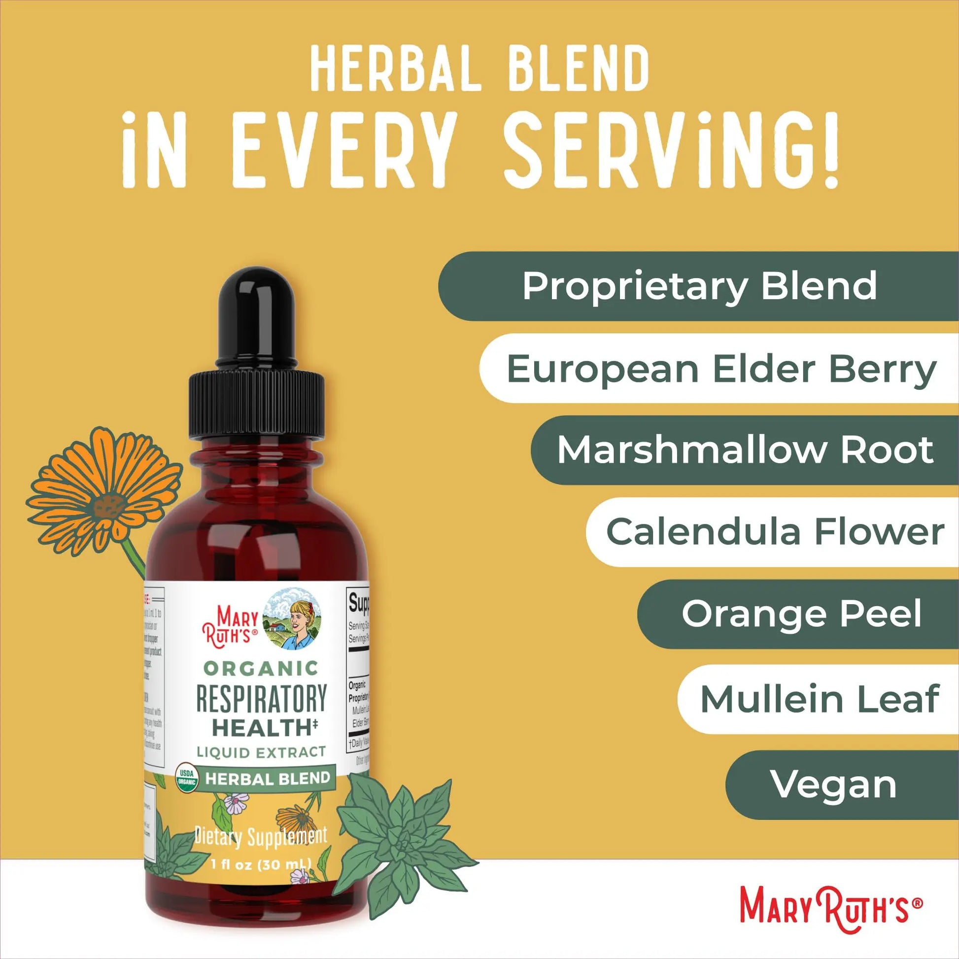 MaryRuth Organics USDA Organic Respiratory Health Liquid Drops with Mullein Leaf | Marshmallow Root & Elderberry | Mullein Drops for Lungs Herbal Blend | Immune Support Supplement | Vegan | 1 Fl Oz MARYRUTH'S Au supplements