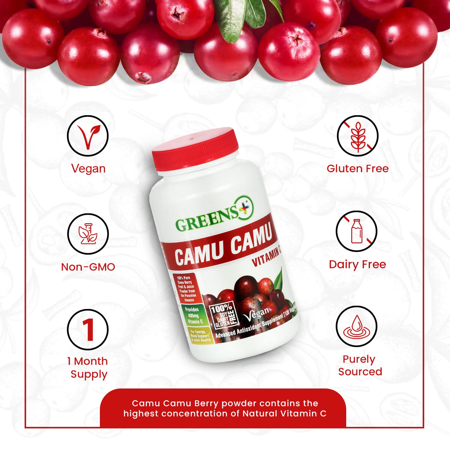 Greens+ Organic Reds Superfood Powder Camu Camu Dietary 400mg Vitamin C SuperFruit Supplement 120 Capsules, 100% Natural, Vitamins & Minerals, Vegan, Soy/Dairy/Gluten Free Greens+ Au supplements