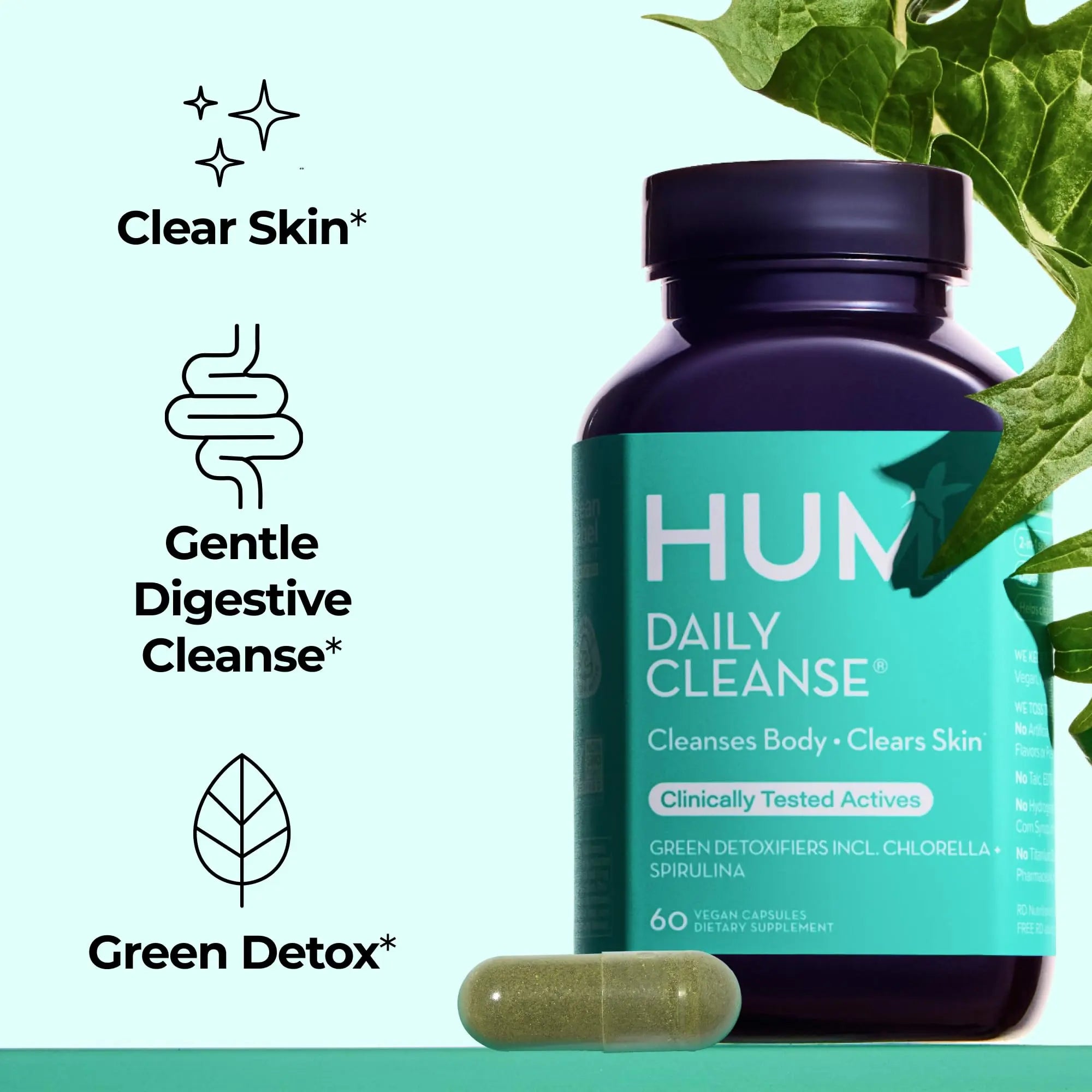 HUM Daily Cleanse Acne Supplements for Women & Men, Gentle Digestive Cleanse for Clear Skin Support, Zinc, Spirulina, Chlorella, Detoxifying Herbs, Organic Algae, Skin Vitamins Supplement, 60 Capsules HUM Au supplements