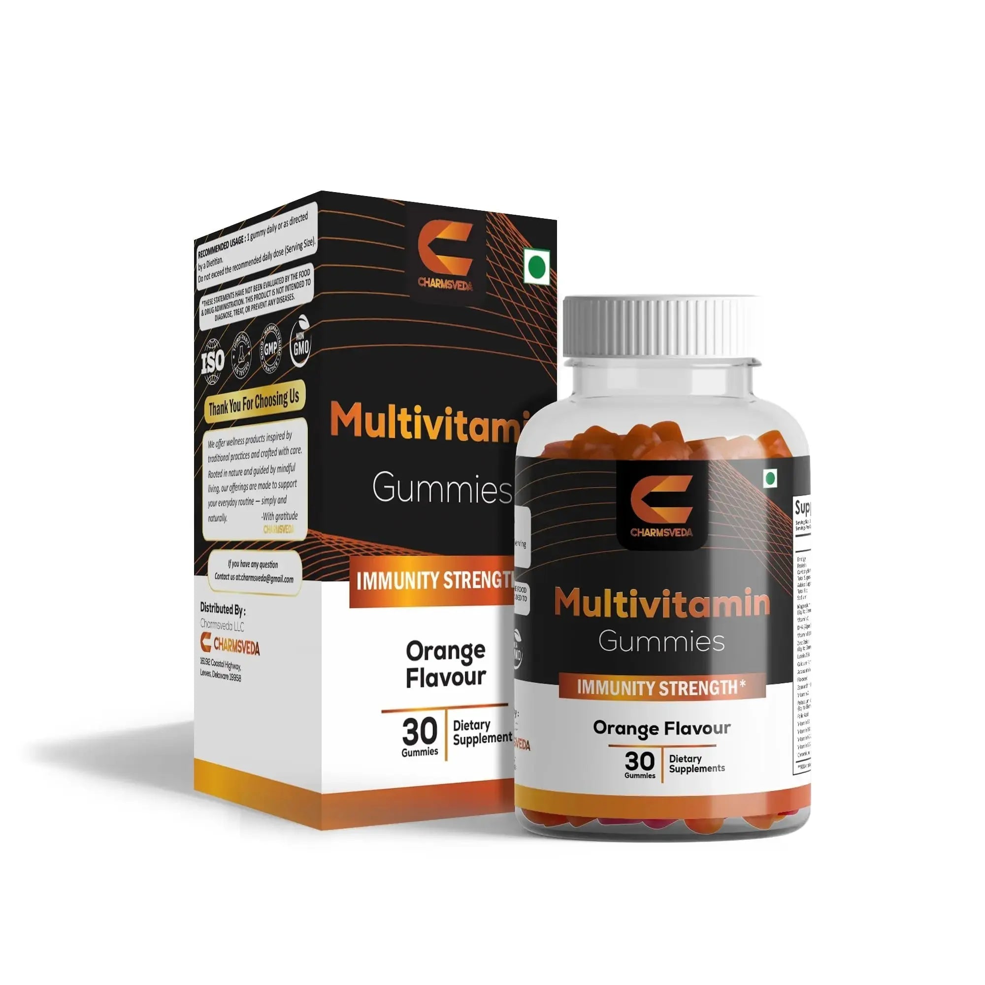CHARMSVEDA Multivitamin Gummies – Energy, Immunity & Overall Wellness with DHA, Vitamin C, Zinc & Antioxidants – Orange Flavour – 30 Gummies CHARMSVEDA Au supplements
