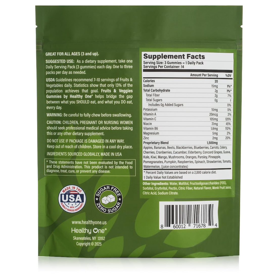 Fruits & Veggies Sugar-Free Gummies - 27 Whole Foods - Equals 3 Servings of Fruits & Vegetables - Improve Energy, Focus & Immune Function - Fiber - Antioxidants - Organic Ingredients - 28 Packets Healthy One Au supplements
