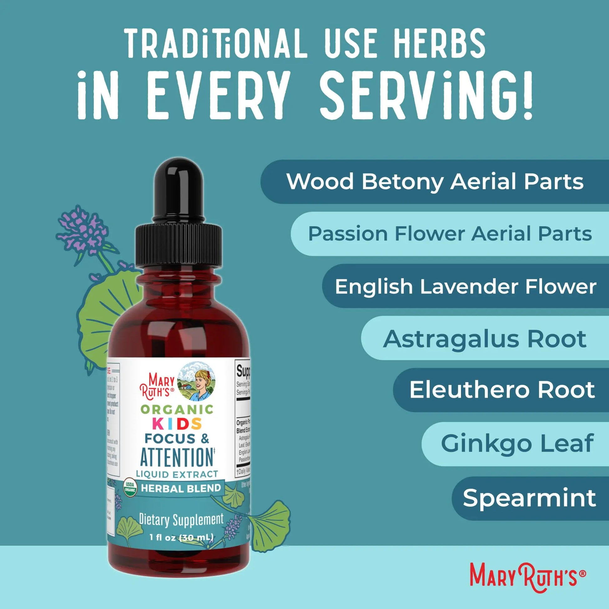 MaryRuth Organics Kids Focus & Attention Drops | USDA Organic Drops | Ginkgo Biloba | Rhodiola Root & Licorice Root | Adaptogenic | Calm | Vegan | Non-GMO | Gluten Free | 30 Servings MARYRUTH'S Au supplements