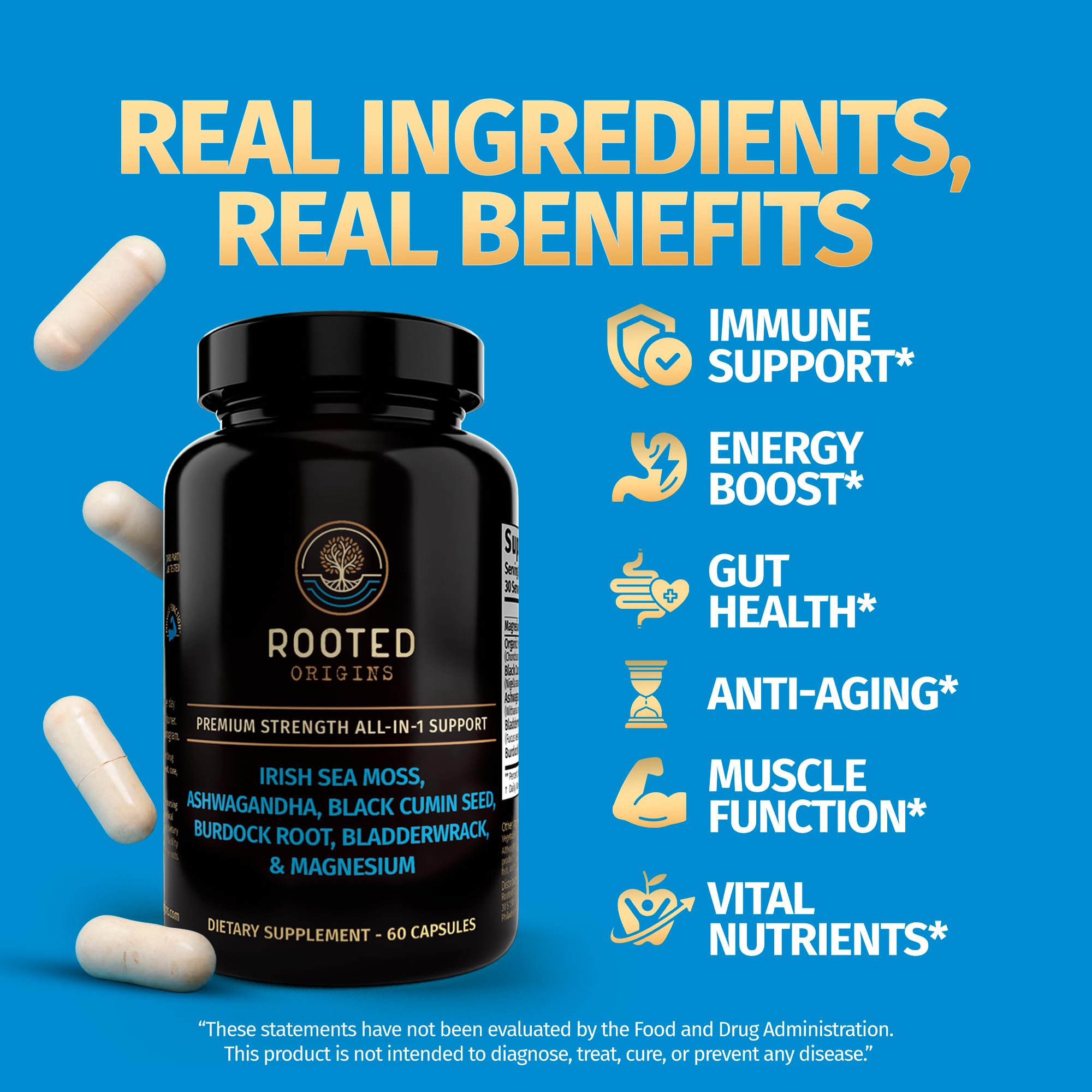 Rooted Origins Sea Moss Capsules – Irish Sea Moss Advanced, Magnesium, Ashwaghanda, Black Seed Oil, Burdock Root & Bladderwrack – Immune Support, Gut Health, Energy, & More – 60 Capsules Rooted Origins Au supplements