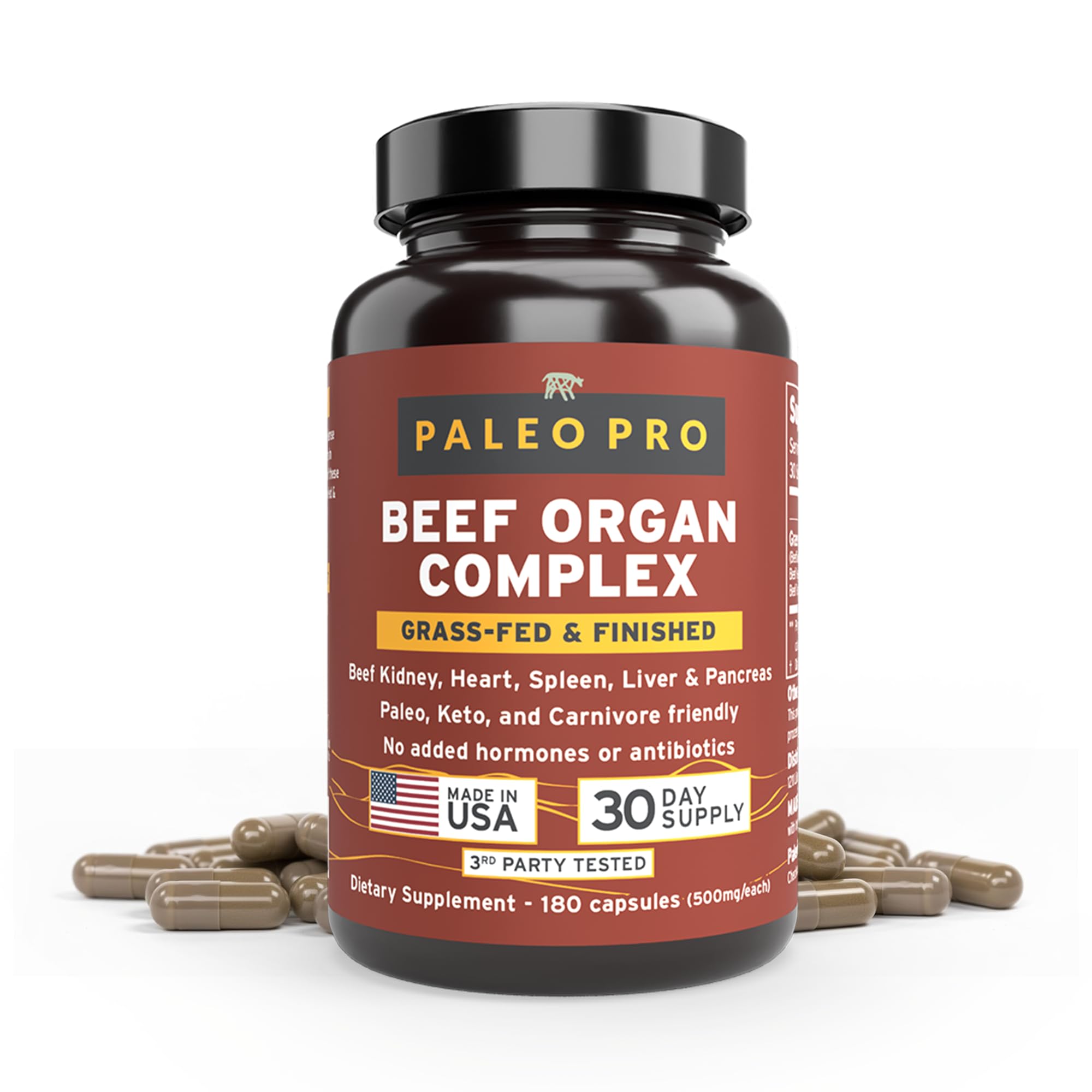 Paleo Pro O.G. Blend Premium Beef Organs Capsules, Kidney, Heart, Liver, Spleen and Pancreas from Grass Fed & Pastured Cows, Dietary Supplement, No GMO, 180 Capsules (Beef Organ Complex) Paleo Pro Au supplements