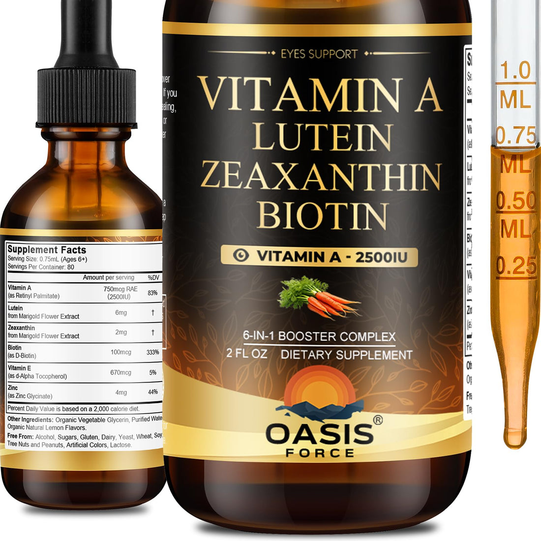 OASIS FORCE 6 in 1 Vitamin A Liquid Drops with Lutein & Zeaxanthin, Vita A Retinyl Palmitate for Skin, Vision & Immune Support, Adults & Kids Ages 6+, Vegan, Non-GMO, 2 Fl Oz OASIS FORCE Au supplements