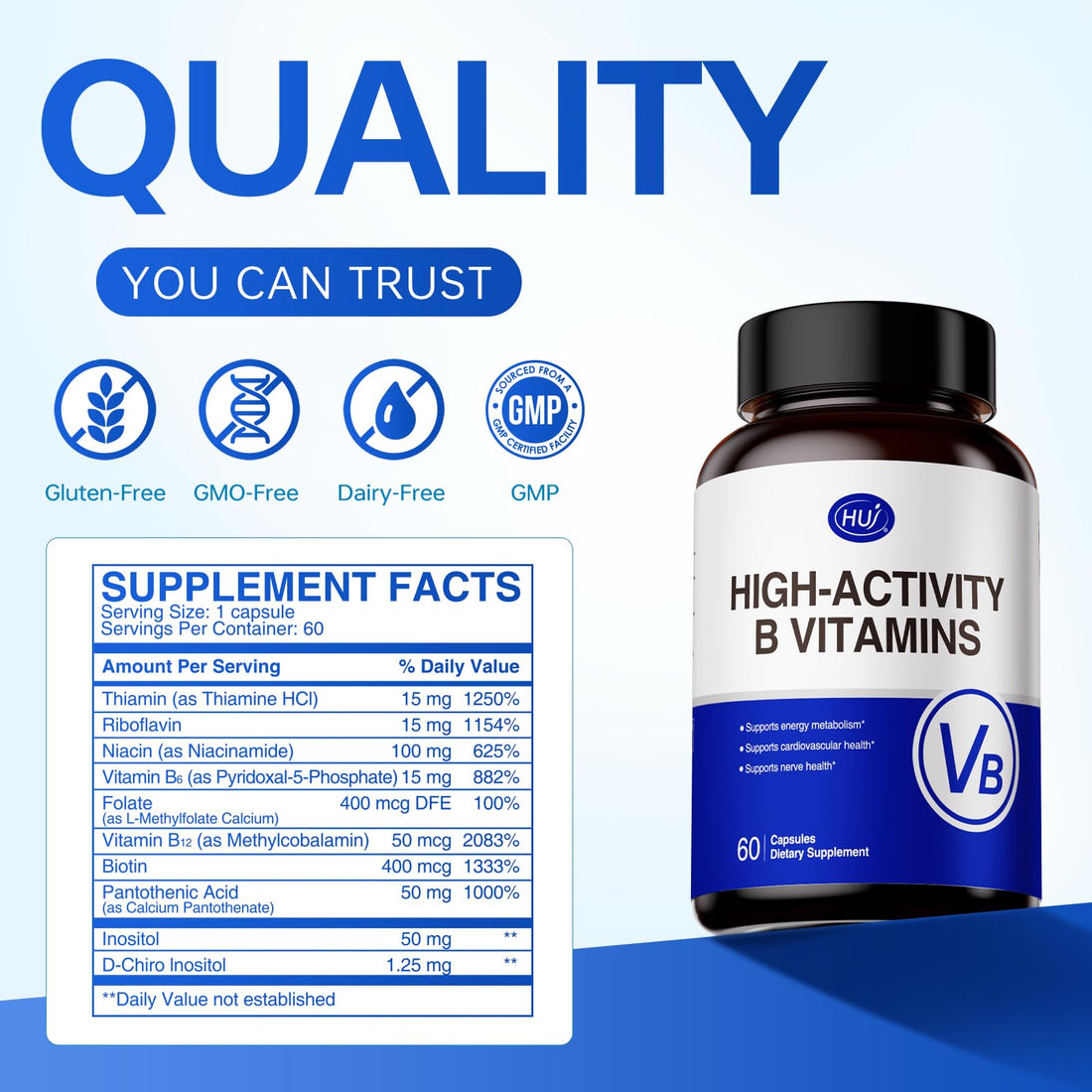 HUJ High-Activity B Vitamins - Supports Normal Energy Metabolism & Nerve System Health - Supplement with 8 B Vitamins, Inositol and D-Chiro Inositol - 60 Capsules. HUJ Au supplements