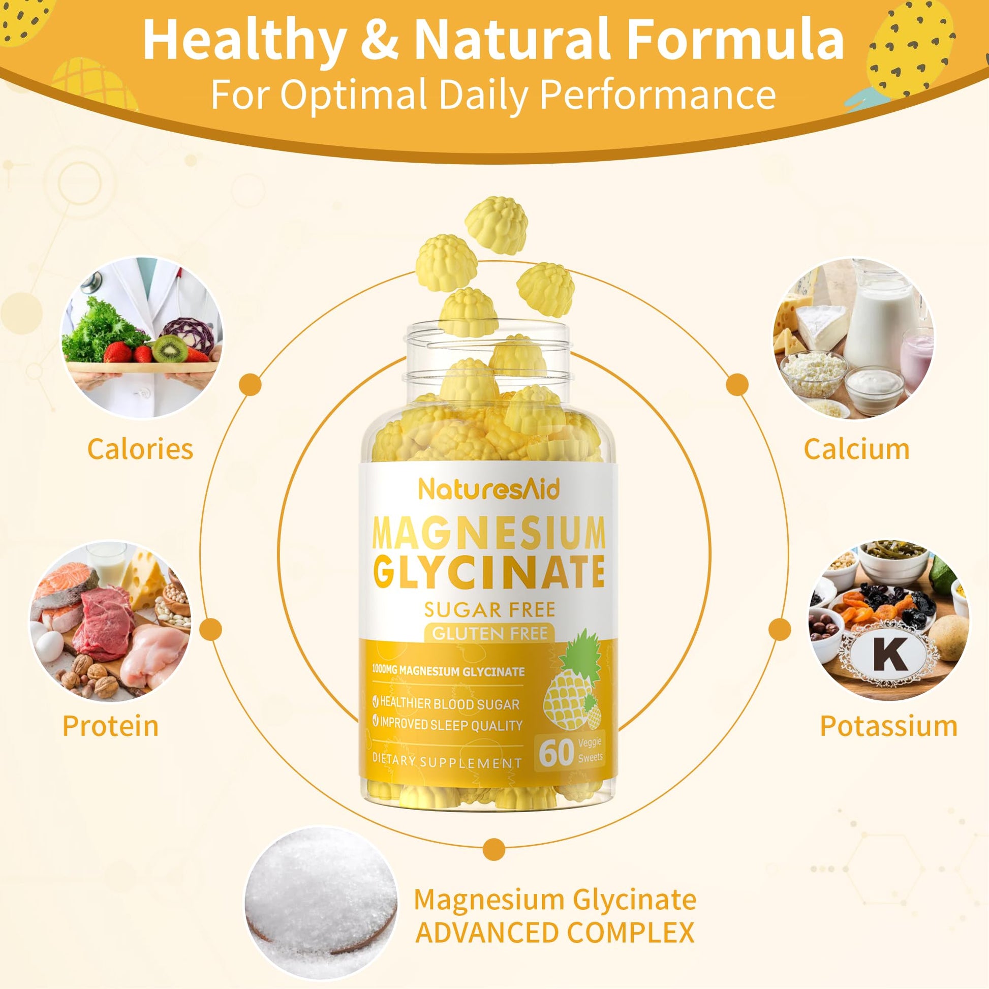 Magnesium Glycinate Gummies 1000mg - Sugar Free Magnesium Potassium Supplement with Vitamin D, B6, CoQ10 for Calm Mood & Sleep Support - 60 Pineapple Gummies -1 Pack Natures Aid Au supplements