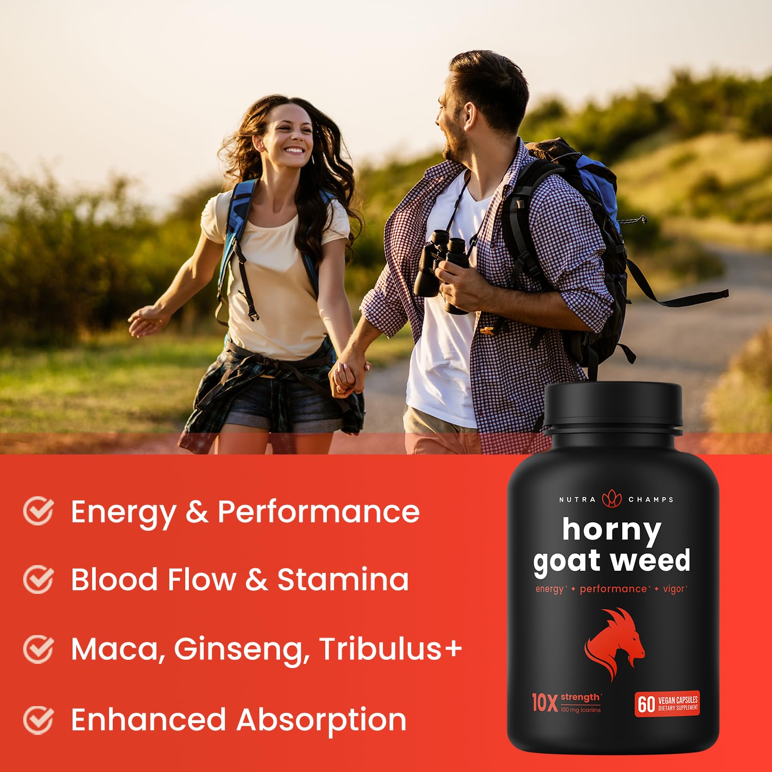 NutraChamps Horny Goat Weed, 1000mg Epimedium Energy Supplement, 10X Strength Icariin, Ginseng, Tribulus & Maca Pills for Women & Men, Enhanced Absorption with Black Pepper, 60 Vegan Capsules NutraChamps Au supplements