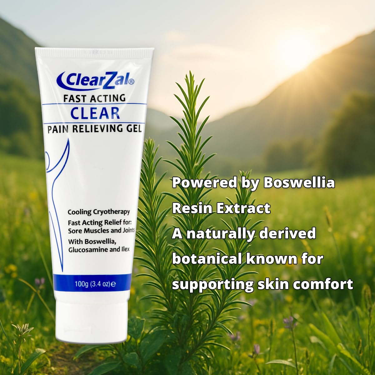 ClearZal Fast Acting Clear Pain Relieving Gel with Cooling Cryotherapy, Boswellia and Glucosamine for Sore Muscles and Joints, Soothing Cooling Gel 3.4 oz Clearzal Au supplements