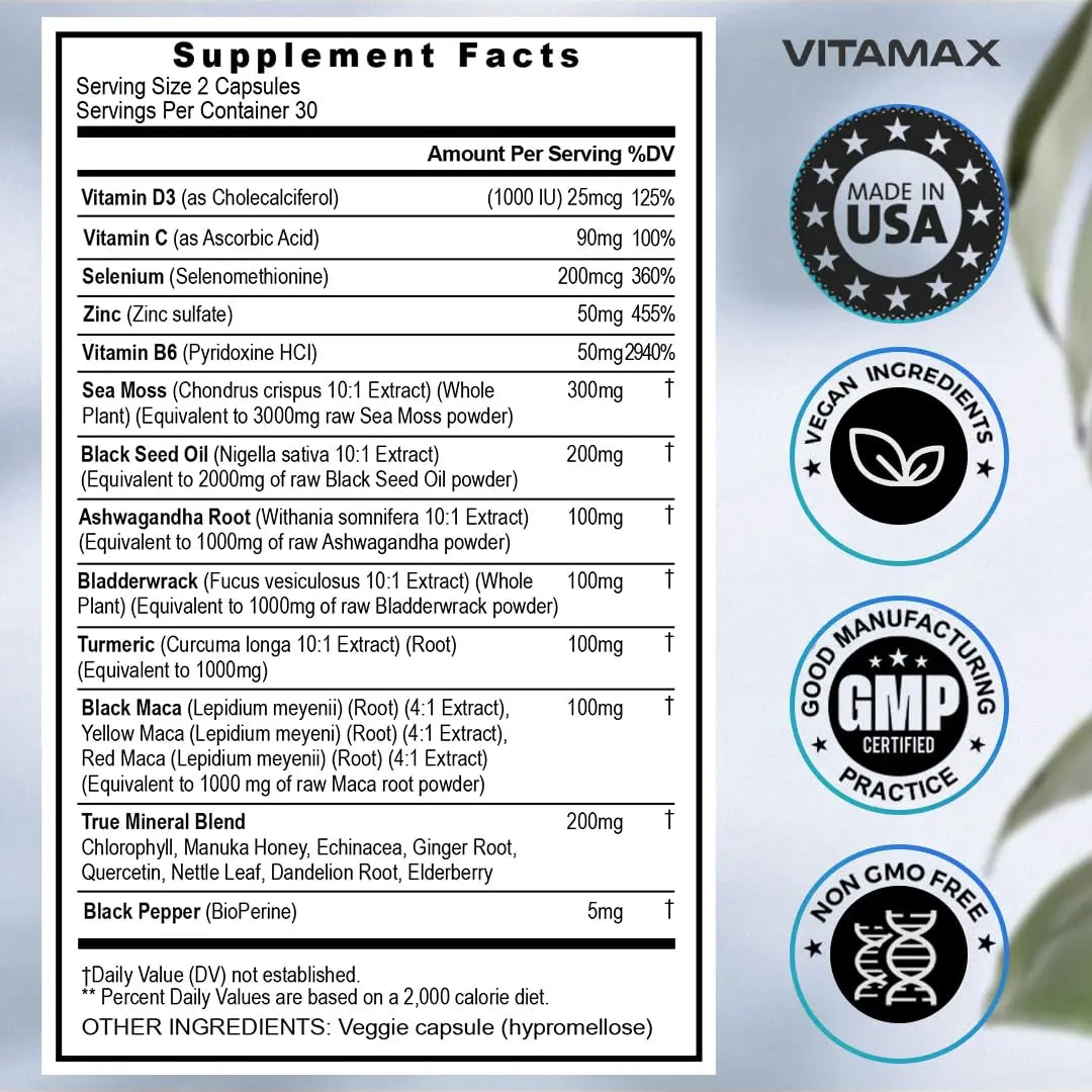Sea Moss 3000mg Maca 1000mg Black Seed Oil 2000mg Ashwagandha 1000mg Bladderw Vitamax Au supplements